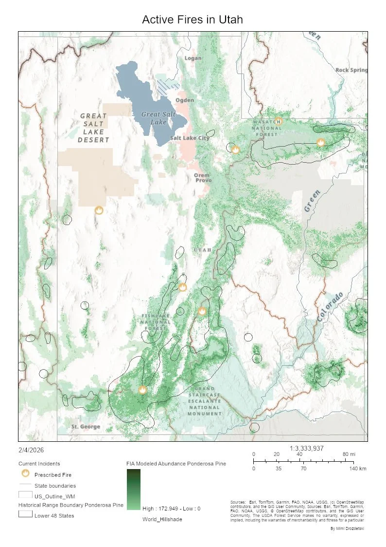 Map of Utah showing active fires, including prescribed fires, with national forests, state boundaries, and landmarks.