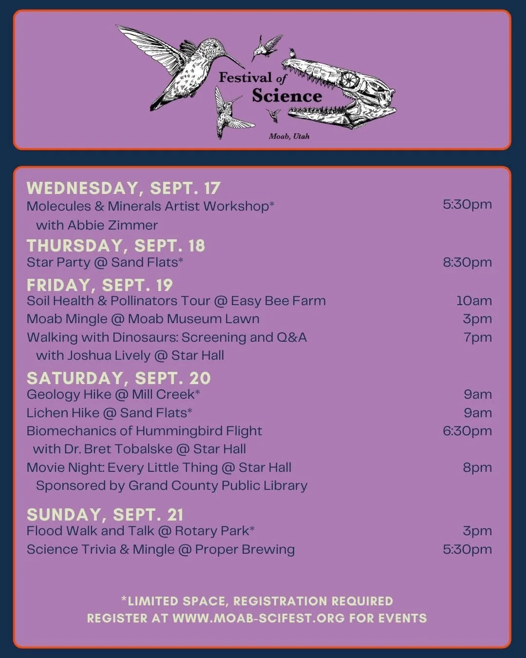 Poster for the Festival of Science in Moab, Utah, listing events from September 17 to September 21, including workshops, hikes, tours, film screenings, and trivia nights.