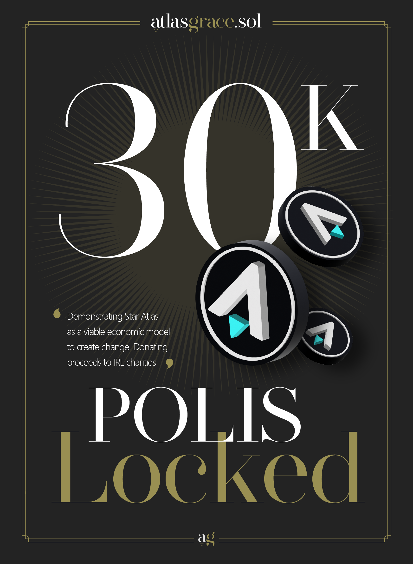 An infographic showing 30k POLIS tokens locked, with a dark background, large white and gold text, and images of the POLIS logo in 3D. It mentions demonstrating Star Atlas as a viable economic model and donating proceeds to IRL charities.