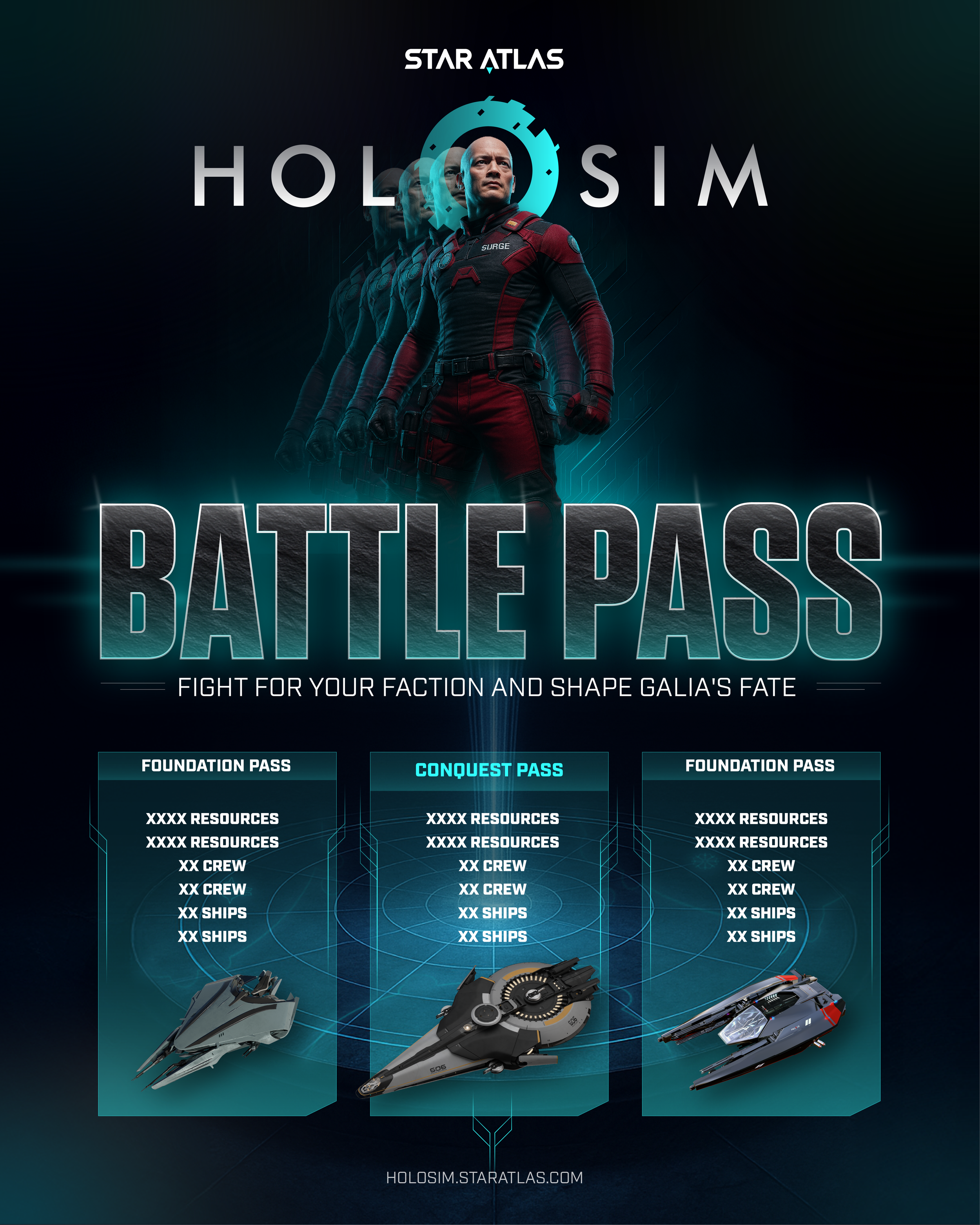 A promotional poster for a video game called 'Holosim' featuring a character in a futuristic space suit, with holographic game passes and spaceships below, and text indicating it is a battle pass with resources and crew details.