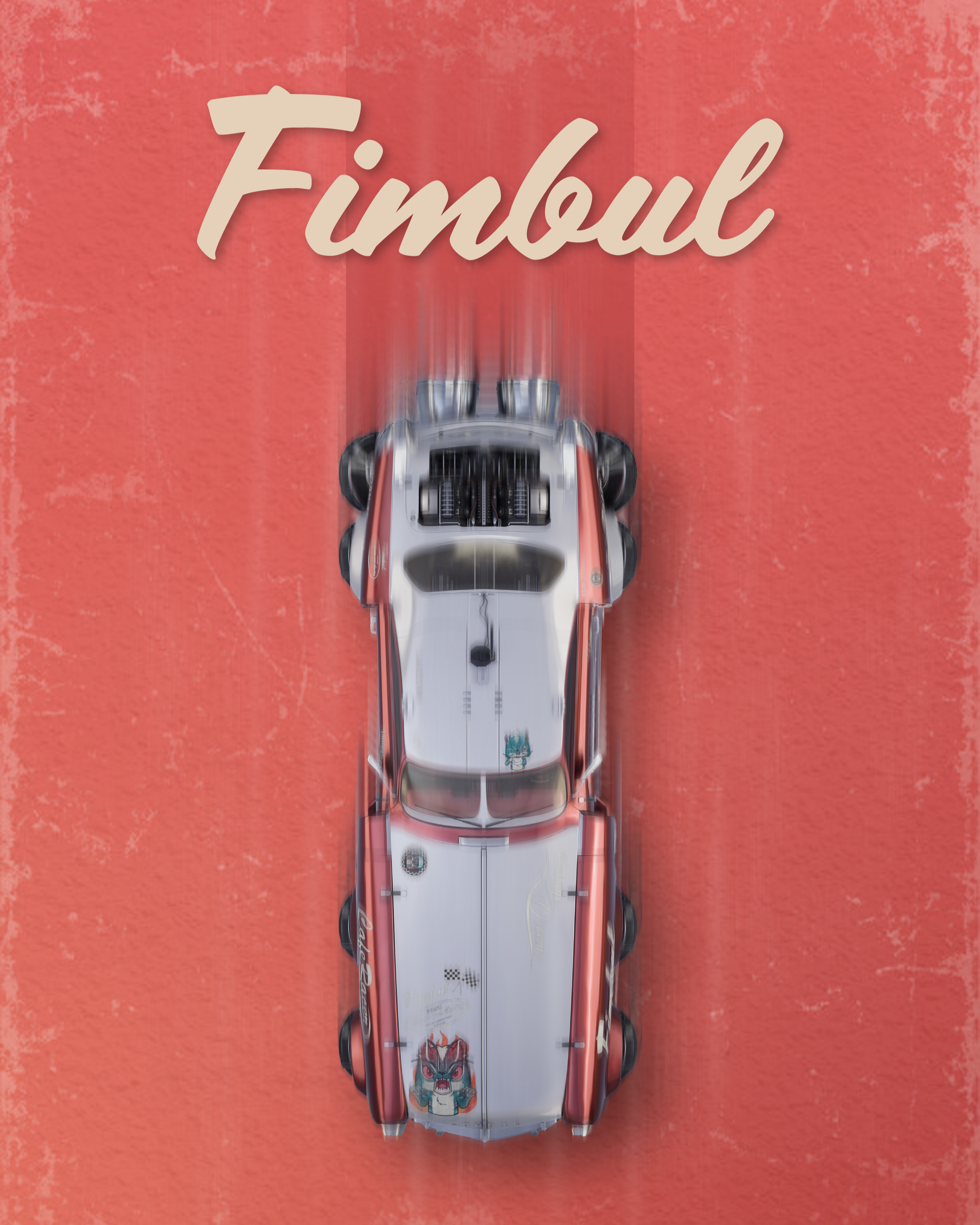 Top-down view of a white and red race car on a red track with the word Fimbul written above in beige script.