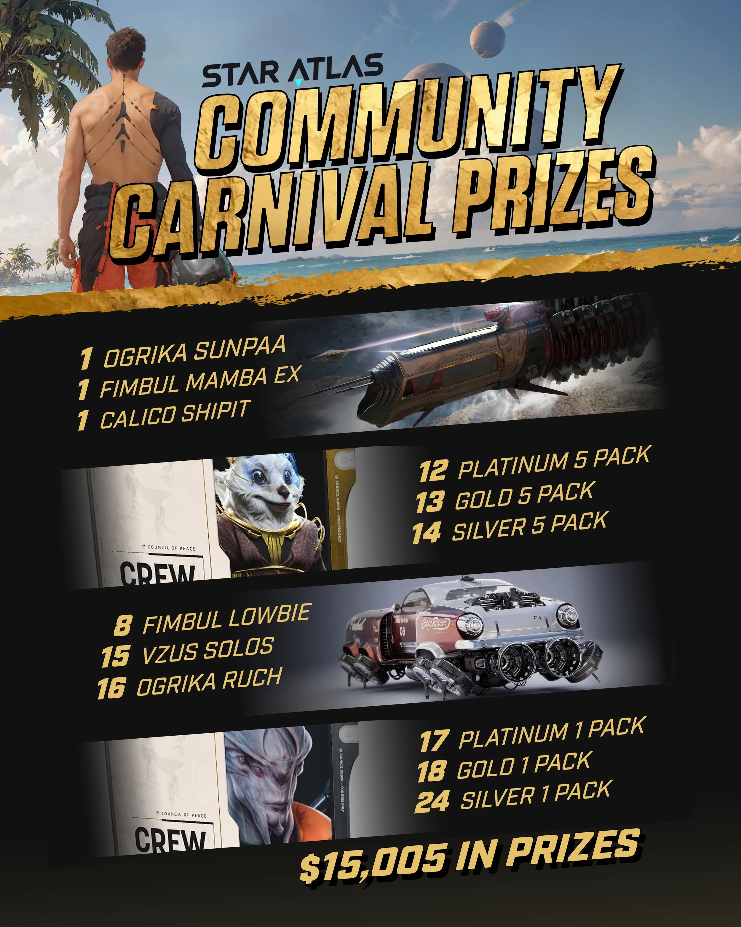 Poster advertising Star Atlas community carnival prizes, featuring a beach background with planets, a person with a tattooed back, and images of various in-game items like ships and crew packs, along with prize counts and total prize value of $15,005.