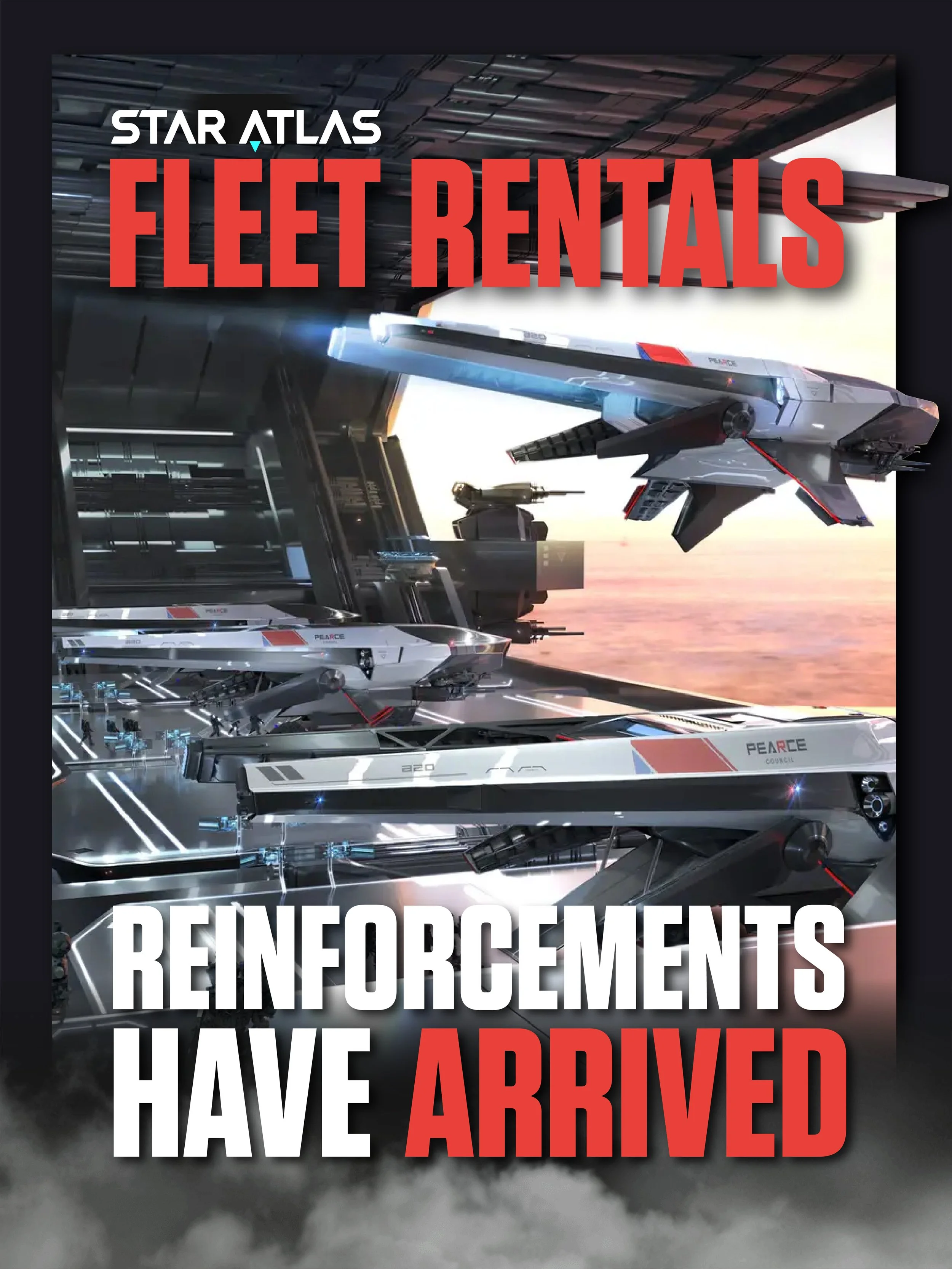 Futuristic sci-fi spaceship fleet on a space station or aircraft carrier, with a sunset or sunrise in the background. The image features sleek, gray spacecraft with red and blue accents, and bold text overlay reading 'Star Atlas Fleet Rentals Reinforcements Have Arrived'.