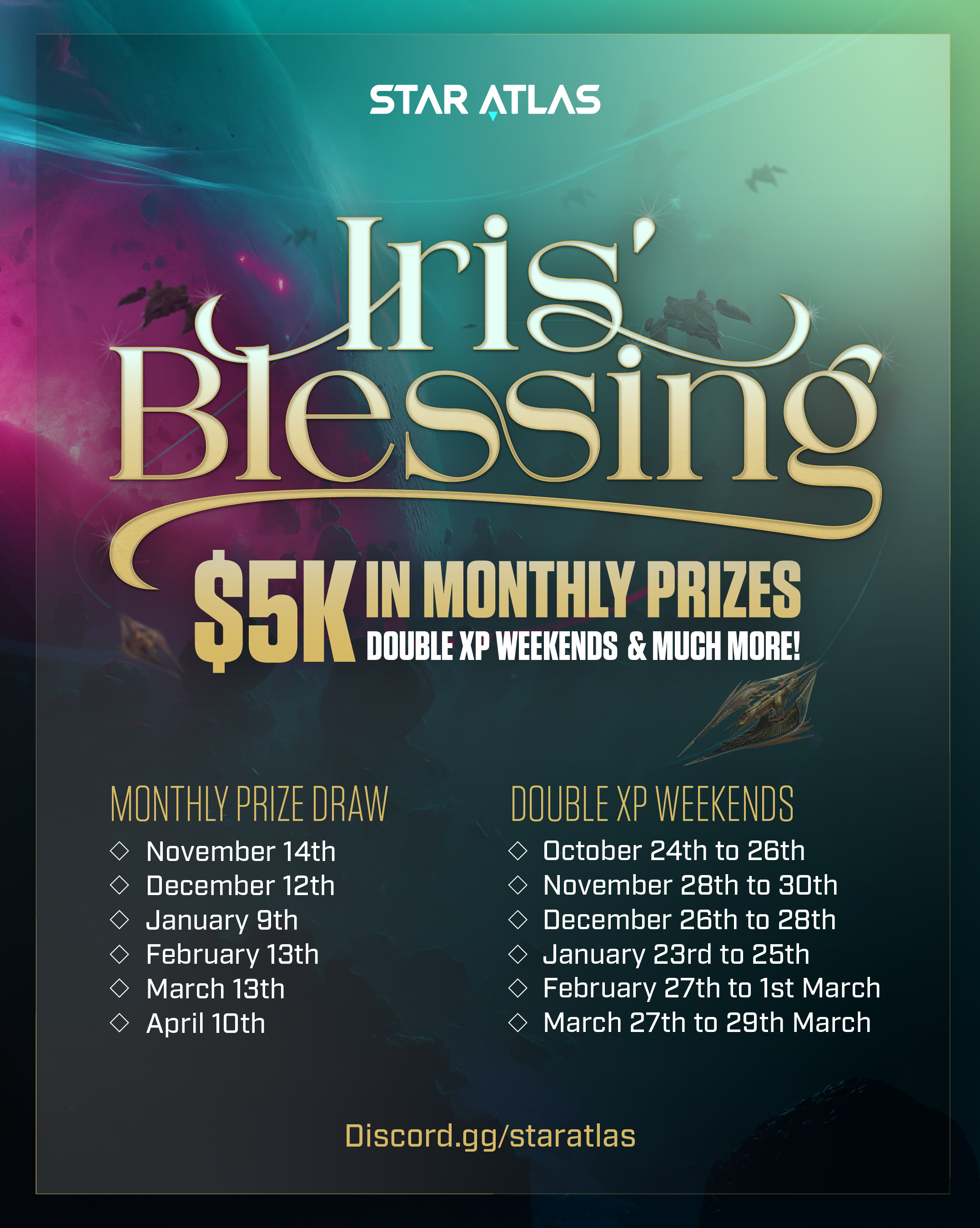 An informational poster for 'Star Atlas' titled 'Iris' Blessing,' advertising $5,000 in monthly prizes with double XP weekends. It lists dates for monthly prize draw and double XP weekends, and provides a Discord link.