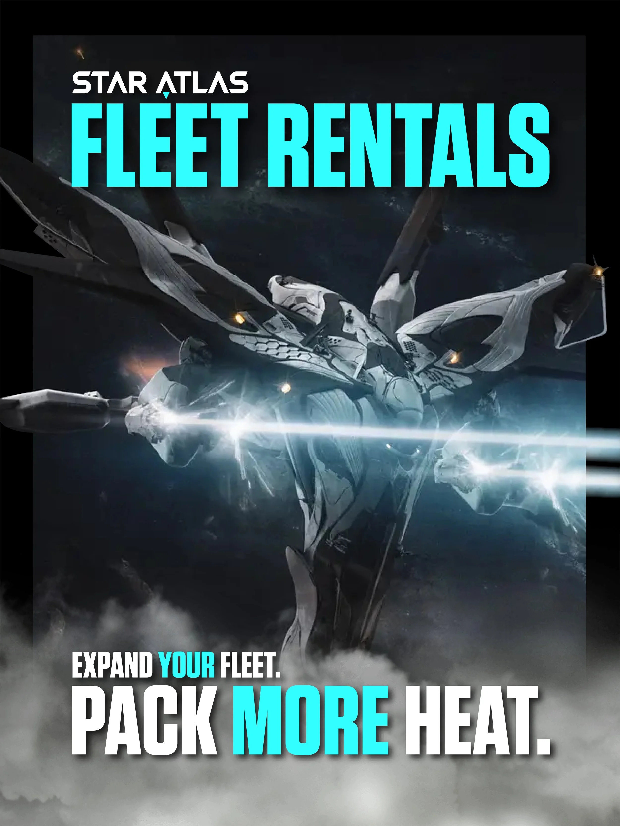 Futuristic spacecraft flying in space with starfield background and promotional text for Star Atlas fleet rentals, emphasizing expanding fleet and more heat.
