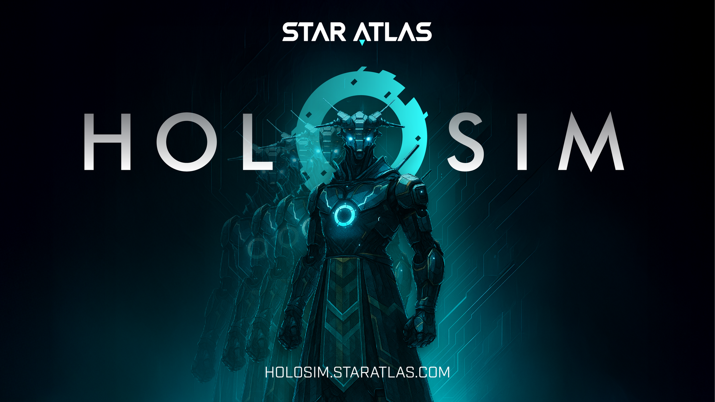 Digital artwork for the video game 'Holosis' featuring a futuristic humanoid character with glowing blue accents, wearing armor, and a robotic animal figure in the background. Text displays 'STAR ATLAS' and the website 'HOLOSIM.STARATLAS.COM'.