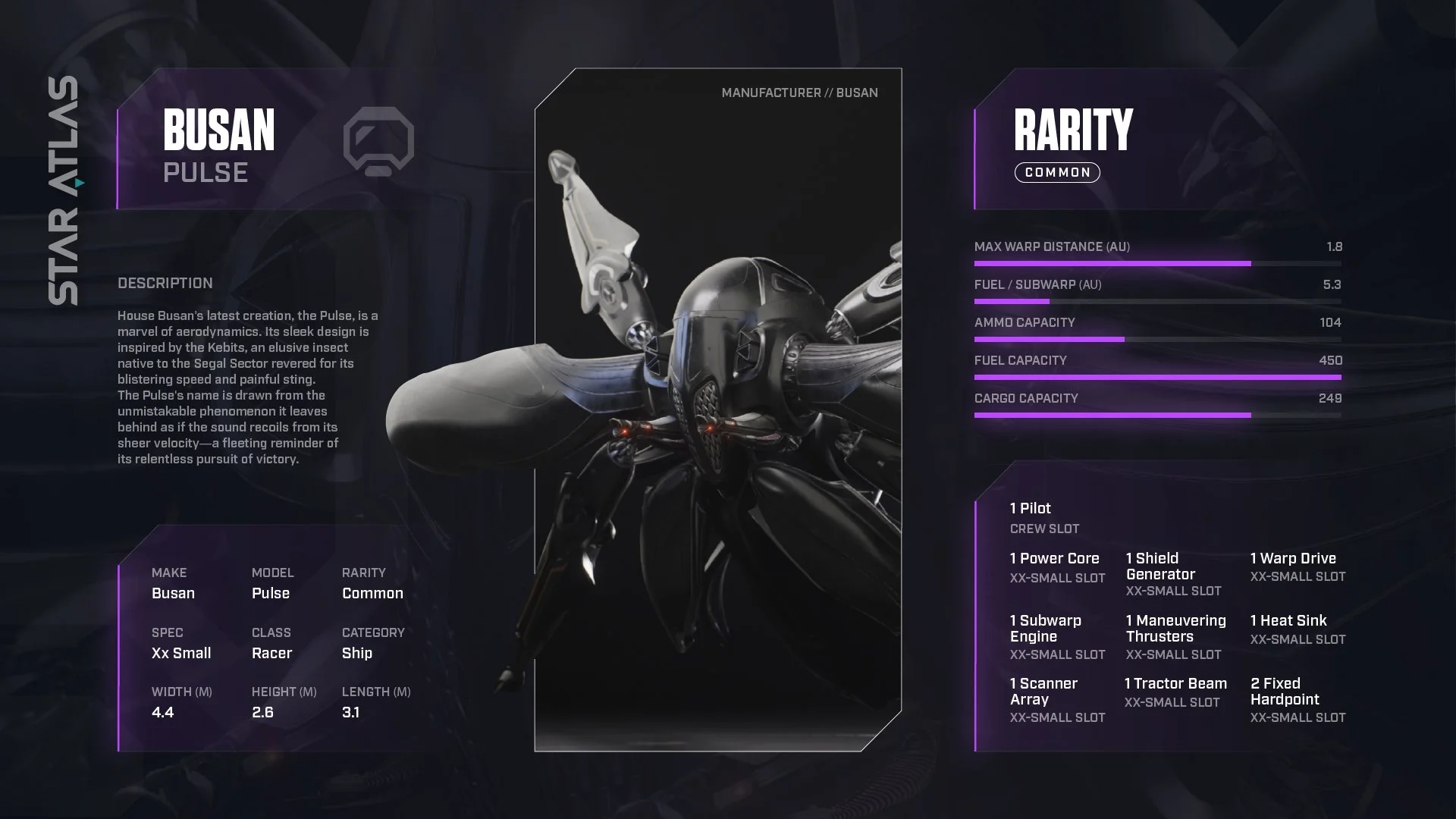 Futuristic digital display showcasing the Busan Pulse spaceship with specifications, features, and a sleek, insect-inspired design.