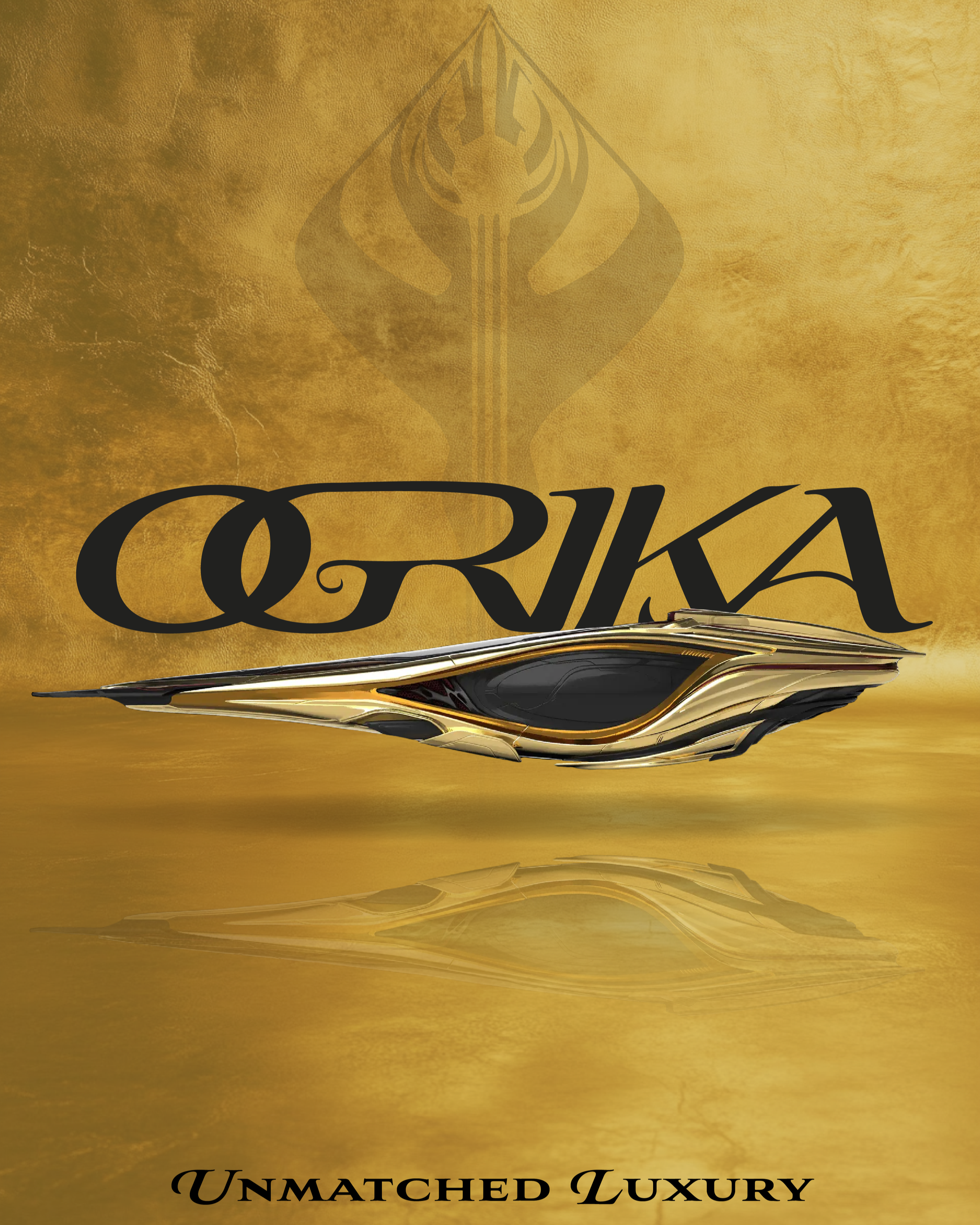 A futuristic luxury yacht with gold and black details, reflecting on a golden surface with the word 'COVKA' in elegant black font and the phrase 'Unmatched Luxury' below.