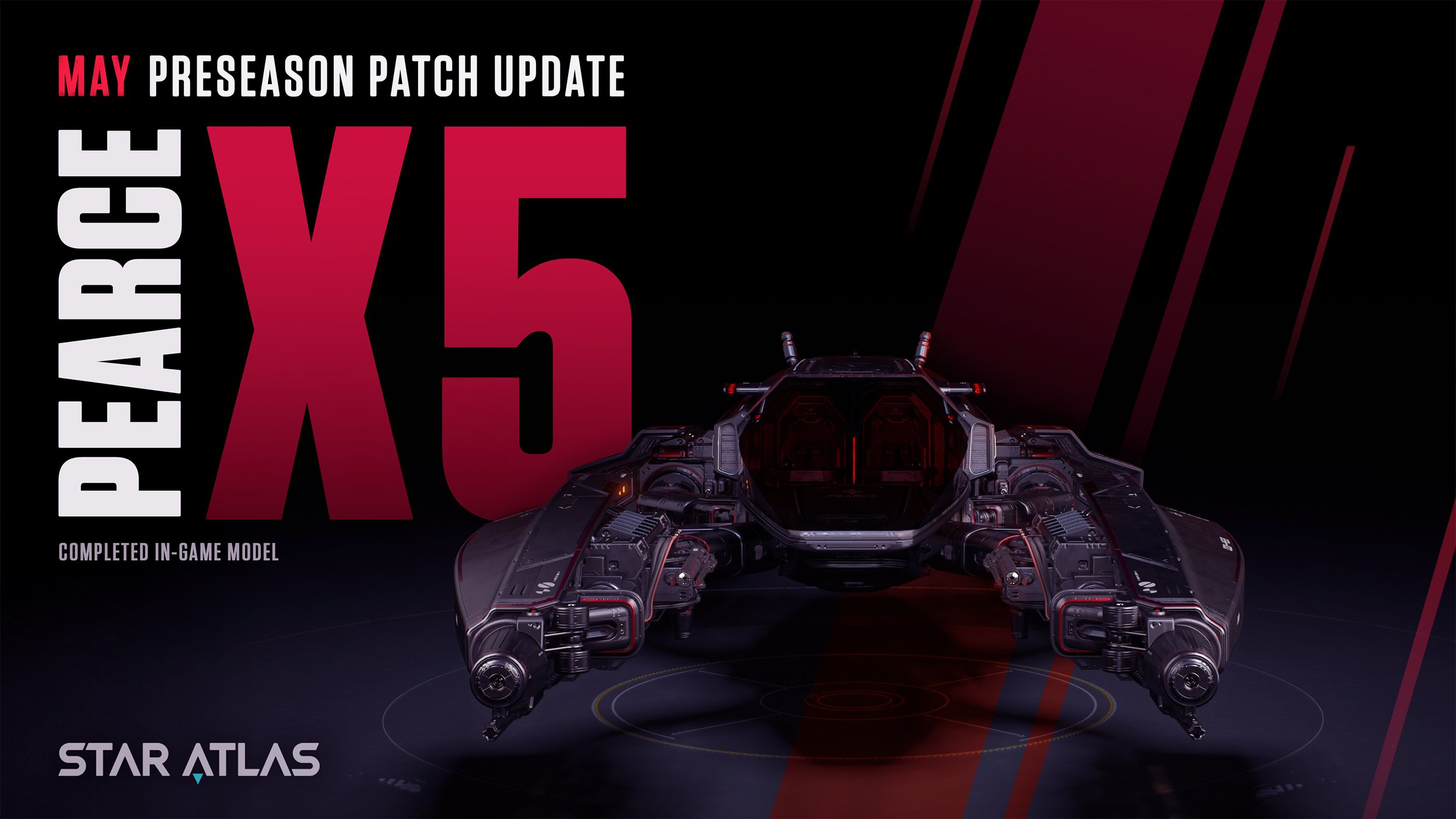 A futuristic spaceship modeled for the video game Star Atlas, shown from the front, with a sleek, dark exterior with red and gray accents, set against a black background with red diagonal lines and the words "Star Atlas," "X5," and "May Preseason Patch Update" in bold lettering.