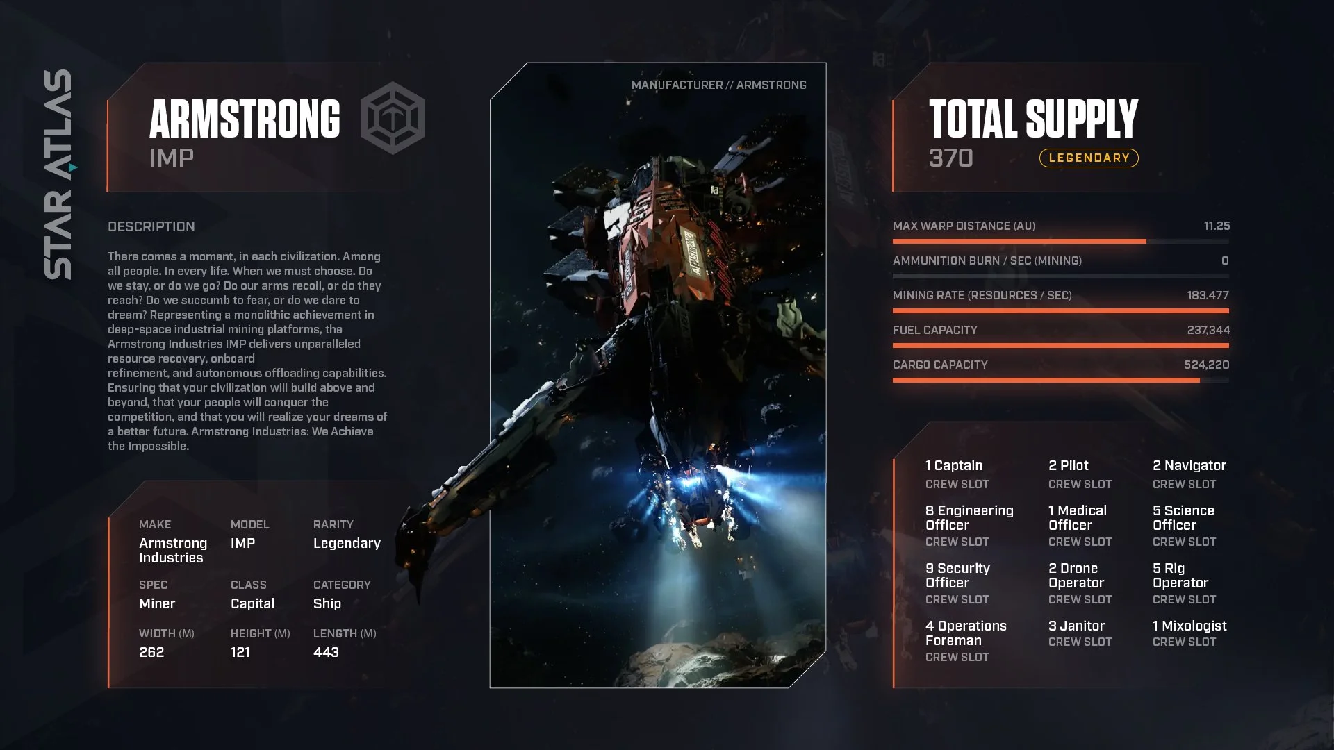 A digital display provides information about the spacecraft Armstrong, a legendary mining ship from Armstrong Industries, showing specifications, crew roles, and resource details, with an image of the spacecraft in space.
