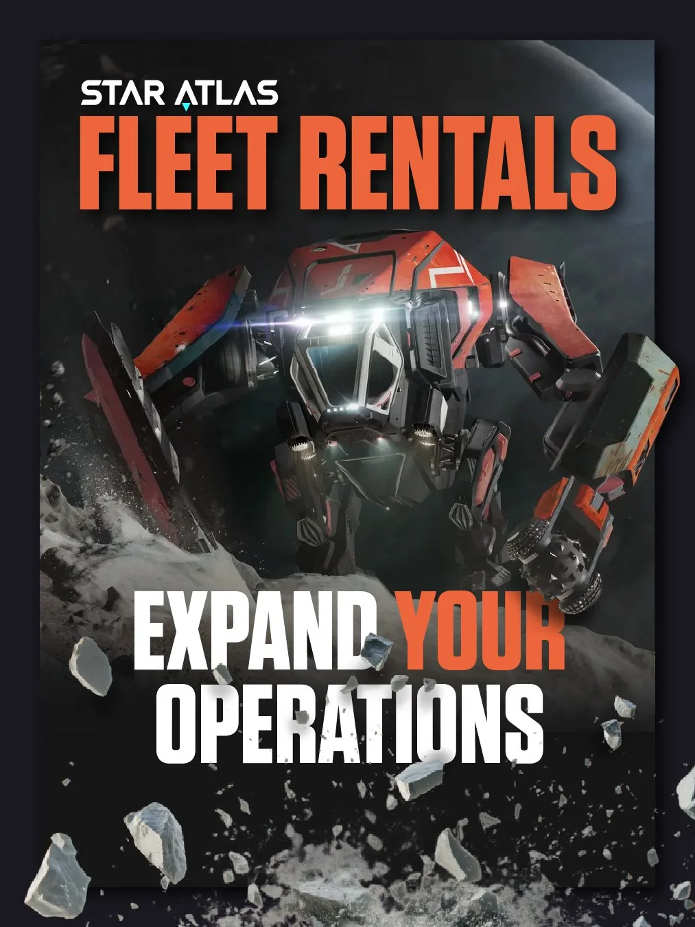 Star Atlas Fleet Rentals advertisement featuring a space robot on a lunar or asteroid surface with debris and a planet in the background.