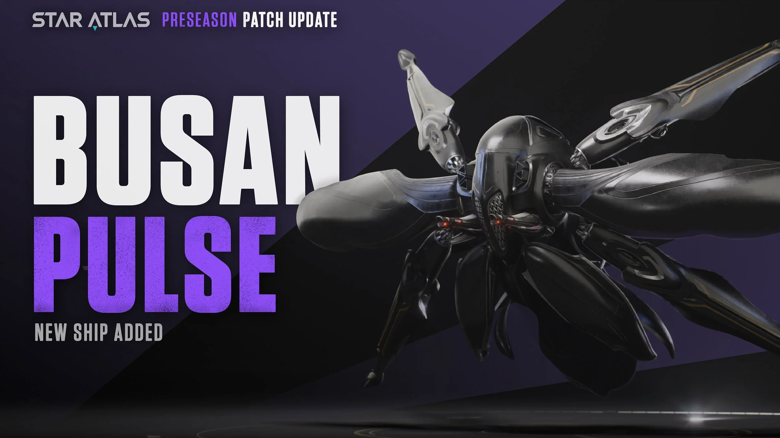 Promotional image for Star Atlas pre-season patch update featuring a sleek, futuristic spaceship with insect-like wings on a dark background.