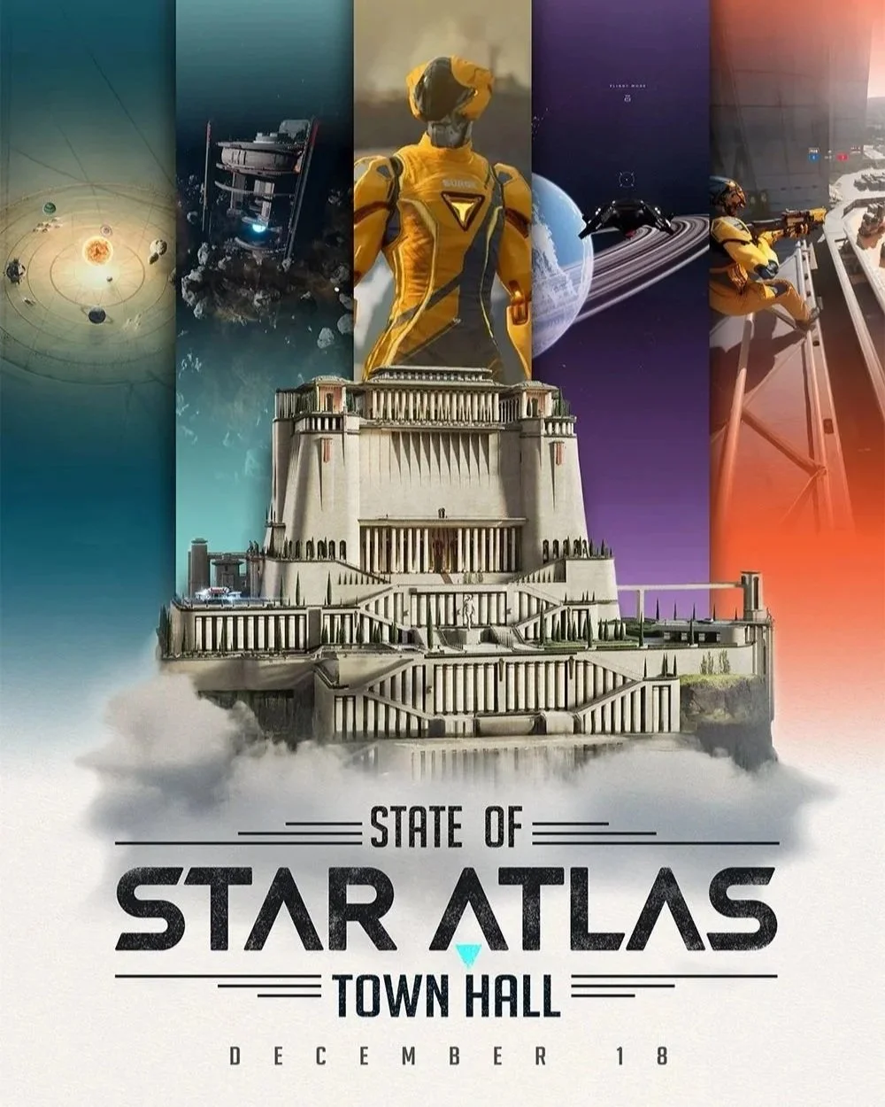 Poster for 'State of Star Atlas Town Hall' event on December 18 featuring a large sci-fi themed castle-like structure with various armored characters and space imagery including planets and a spaceship.