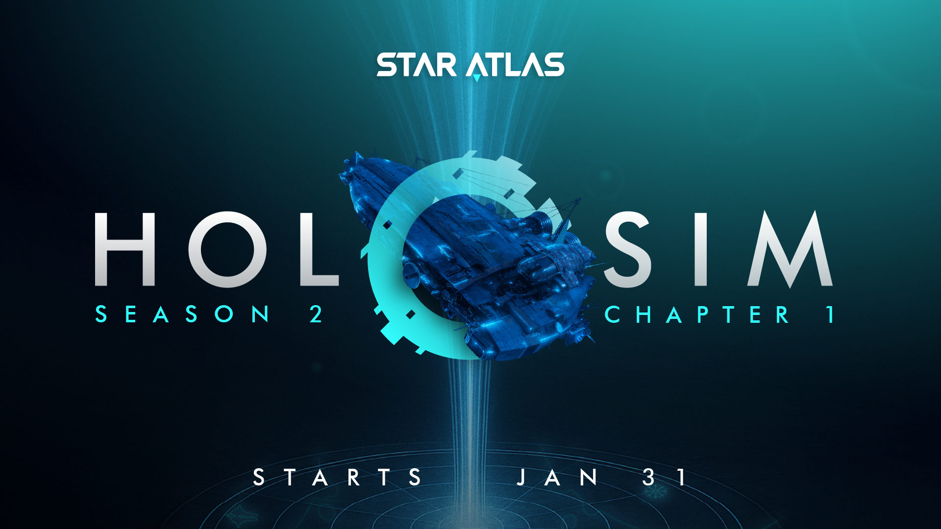 Promotional graphic for the game 'Star Atlas' featuring a spaceship and the text 'Holosisim Season 2 Chapter 1', with the start date January 31.