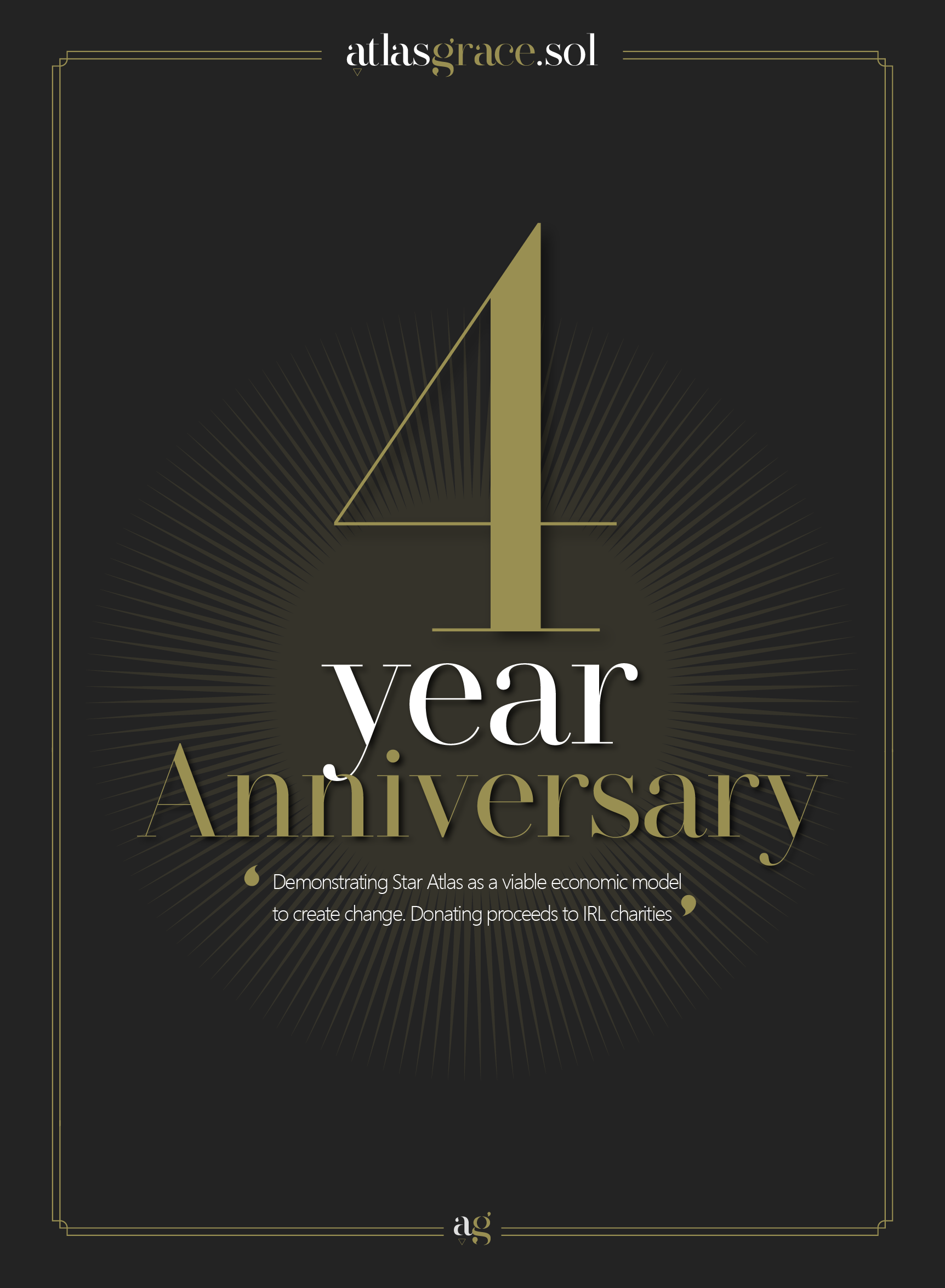 Celebrating 1-year anniversary of Star Atlas with a dark background design, featuring gold and white text, a large number 1, and promotional message.