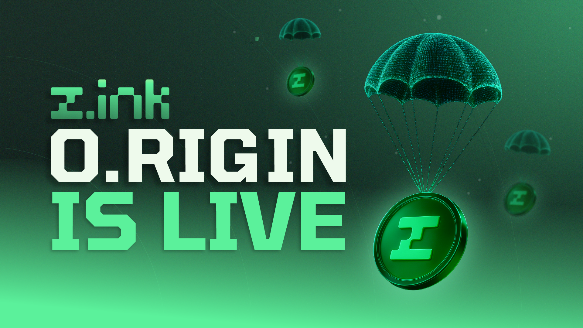 Digital graphic with text 'I:ink O.RIGIN IS LIV' and illustrations of parachutes and coins with a logo, in shades of green and black.