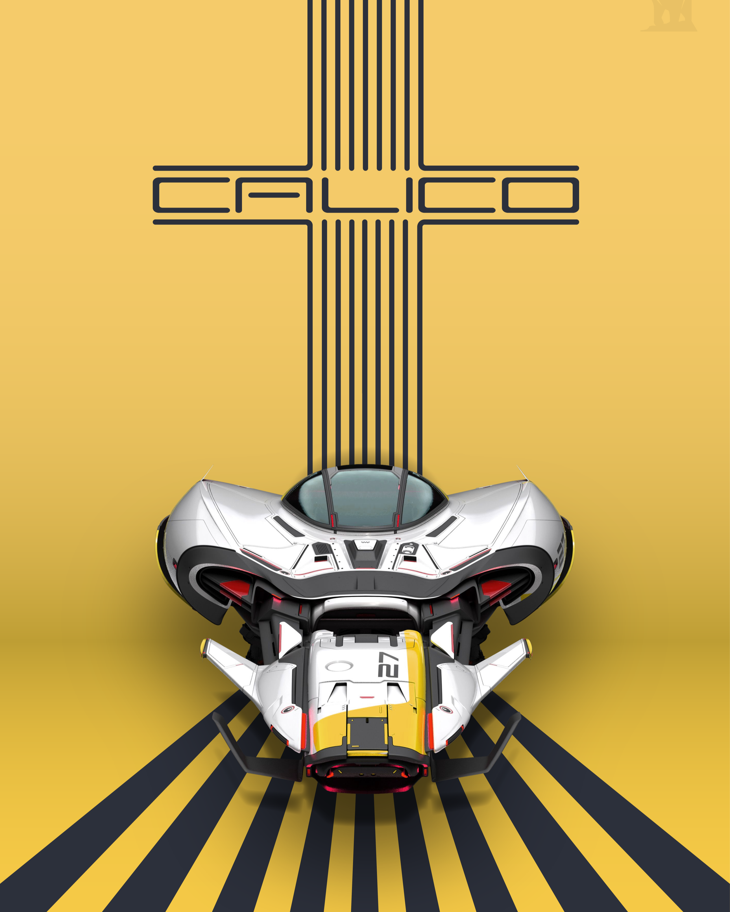 A futuristic racing vehicle in front of a yellow background with black lines forming a cross and the word 'CRLICO'.