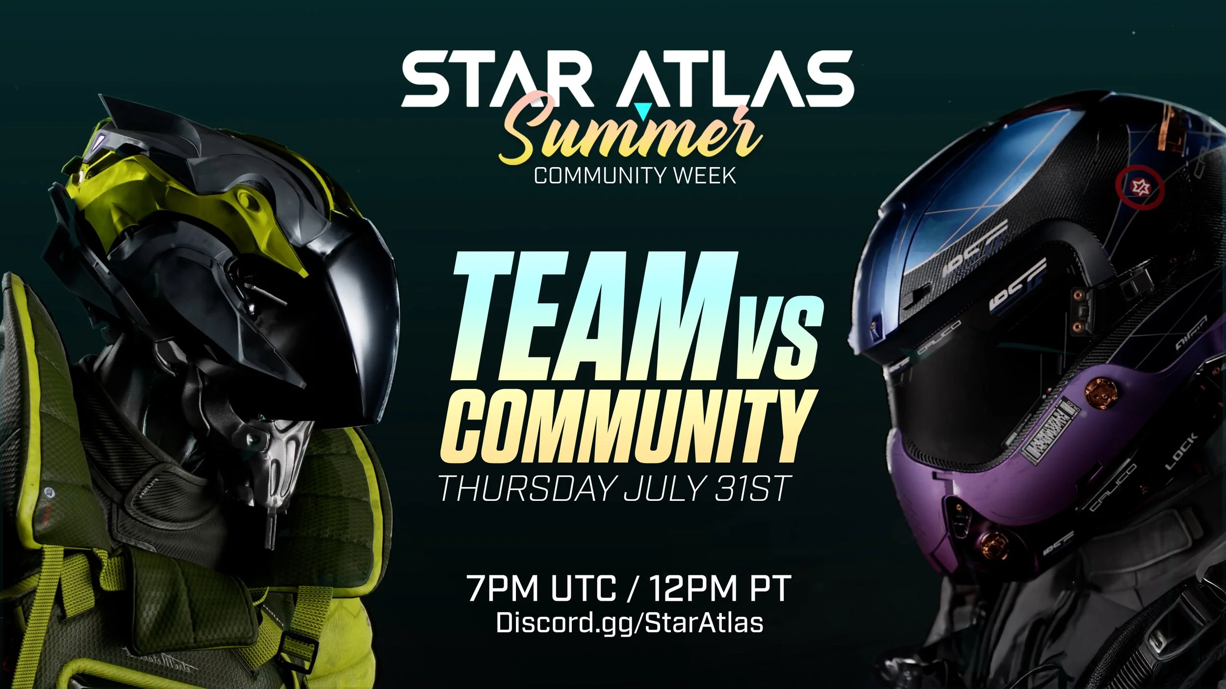 Promotion for Star Atlas Summer Community Week featuring two motorcyclists in full helmets, one in black and yellow gear, the other in purple and black gear, with event details including date, time, and Discord link.