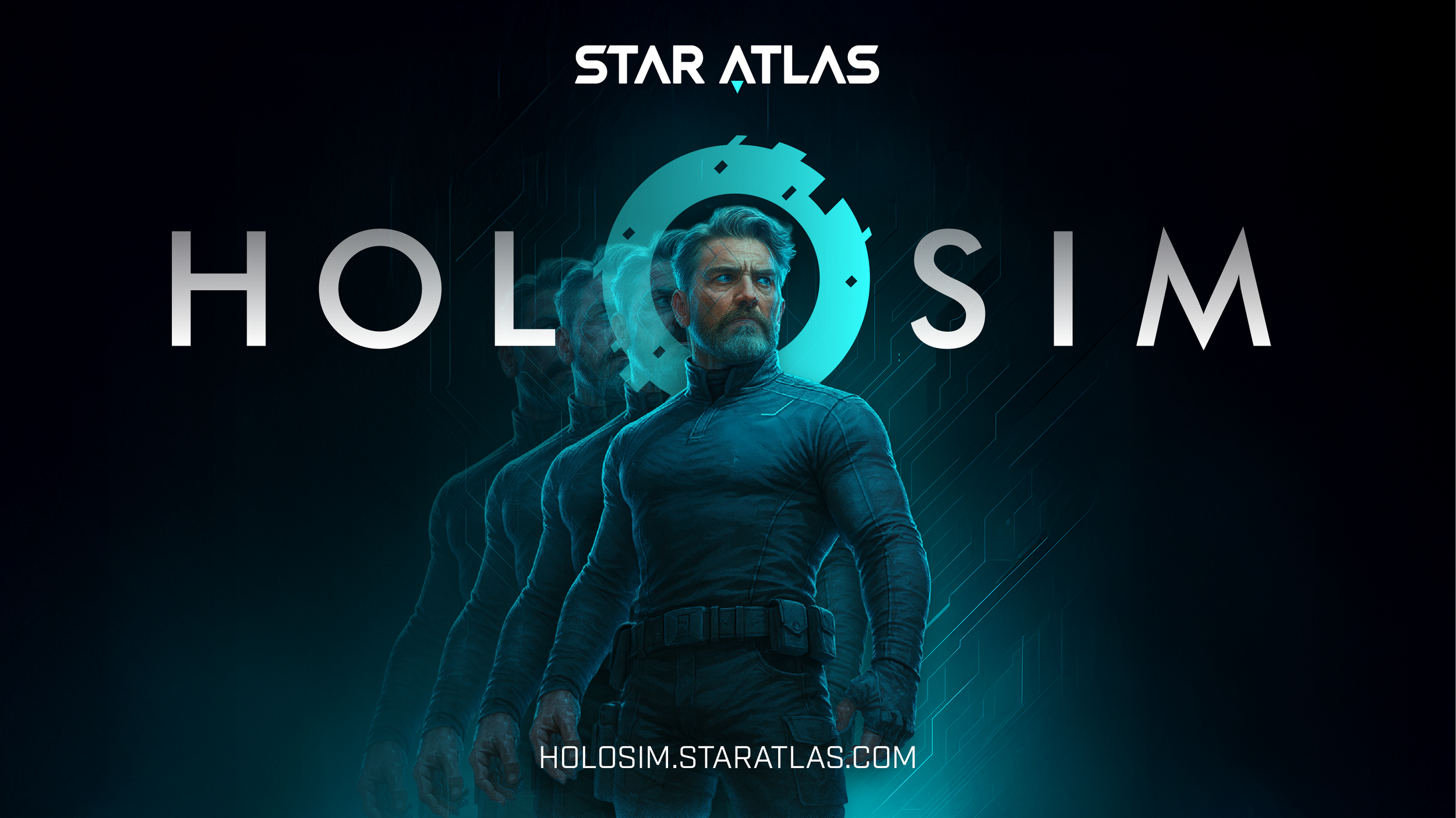 Promotional poster for the series or project 'Holosim' featuring a man in a futuristic uniform with a serious expression, with multiple semi-transparent copies of him fading into the background, and a digital circuit pattern behind him.