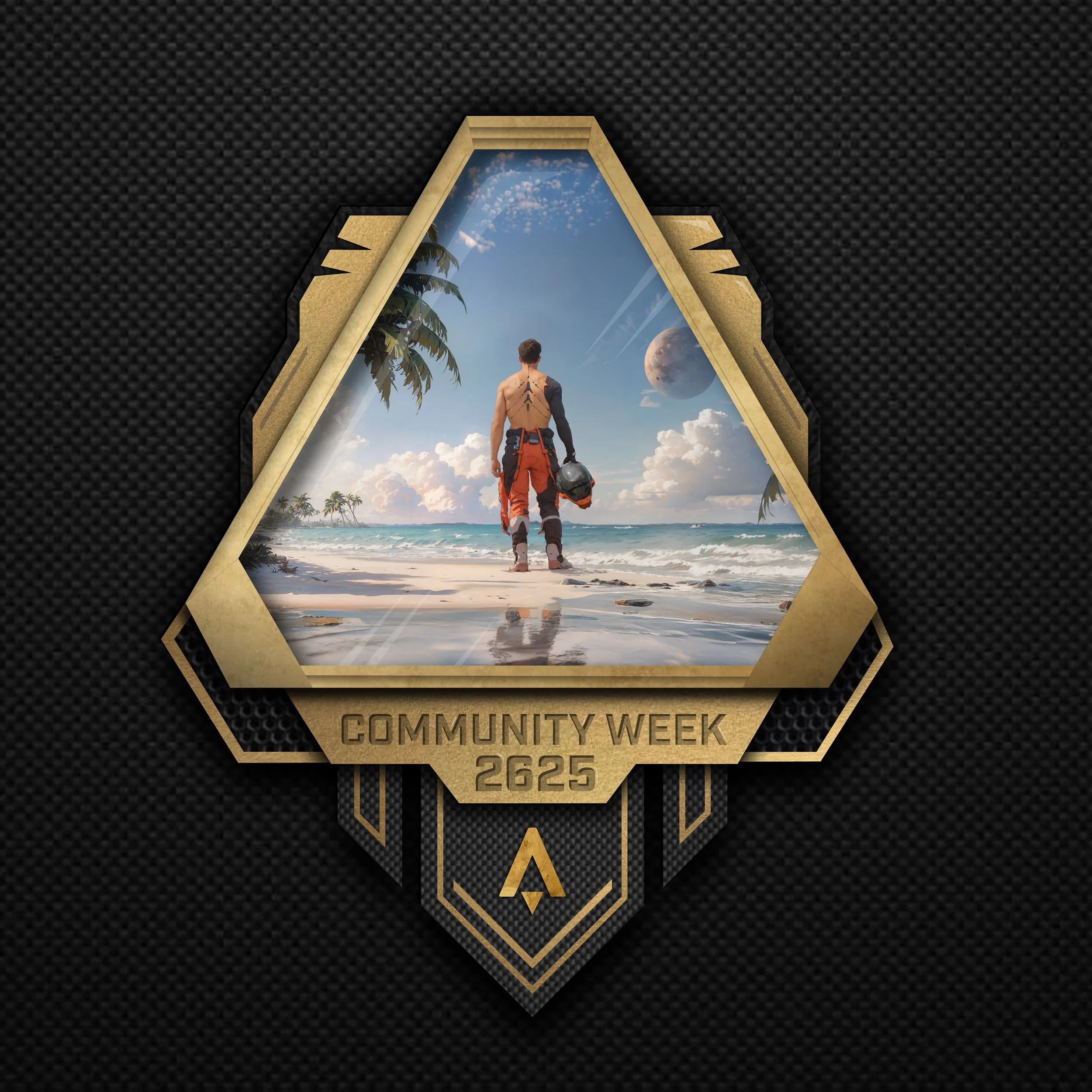 A badge with a photo of a man in motorcycle gear holding a helmet, walking on a tropical beach with palm trees, clouds, and planets in the sky, and the text "Community Week 2625" at the bottom.