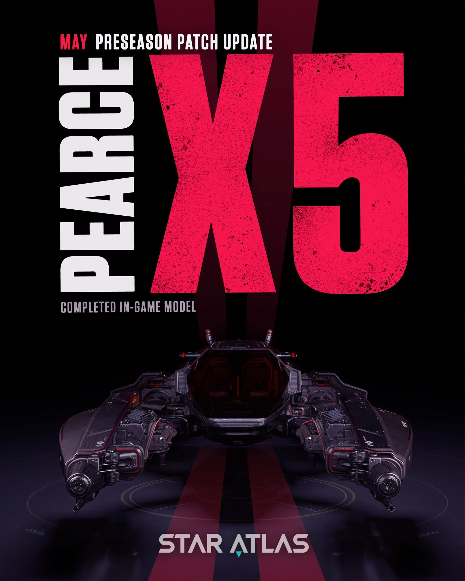 Poster for the game Star Atlas featuring a futuristic spaceship at the bottom and large text announcing an in-game event in May, with a black background and red accents.