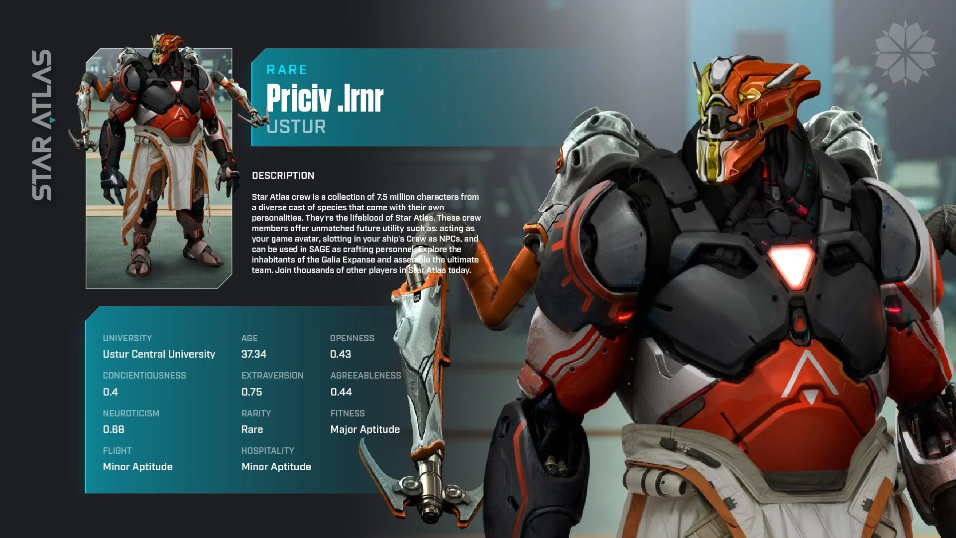 Video game character profile showing a humanoid robot with orange and gray armor, a visor, and a dog-like face. Includes stats and description of the character named Priciv Jnr from Star Atlas.