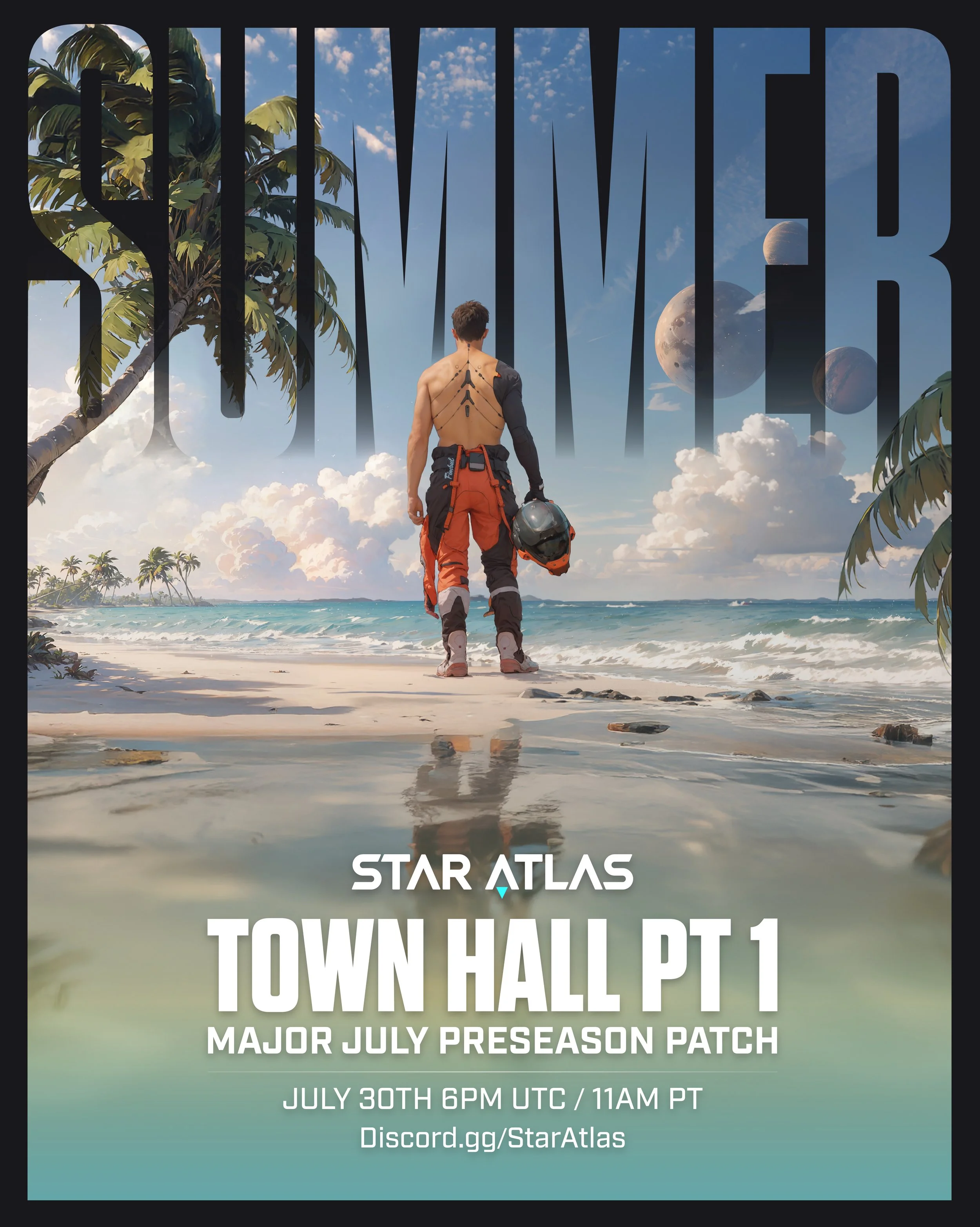 An animated poster for Star Atlas' Town Hall Part 1, featuring a man with a motorcycle helmet on a beach, looking towards the ocean with clouds and planets in the sky, advertising the July 30th event at 6 PM UTC / 11 AM PT on Discord.