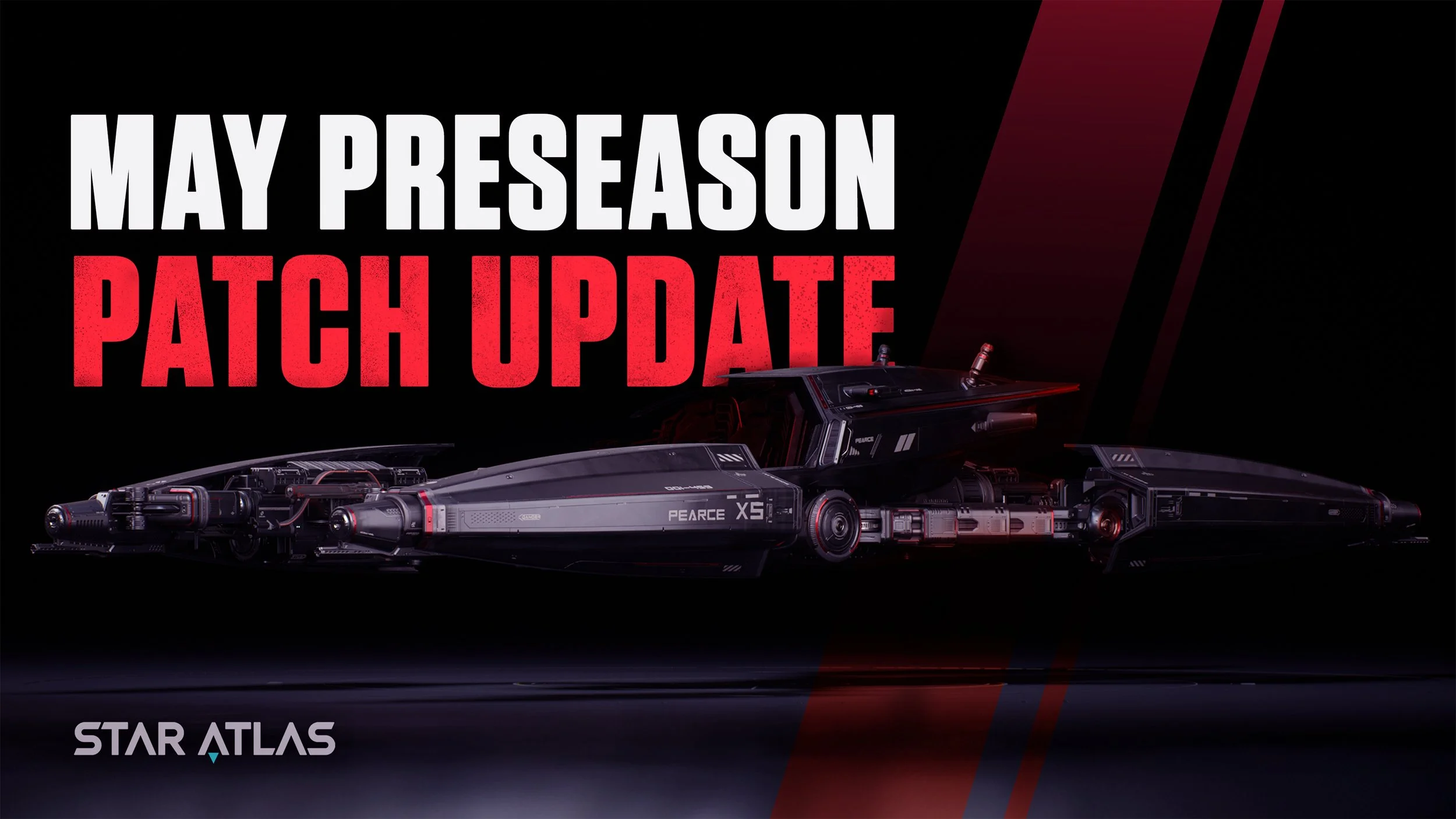 A digital illustration of a futuristic spaceship with the text 'May Preseason Patch Update' and the logo 'Star Atlas'.
