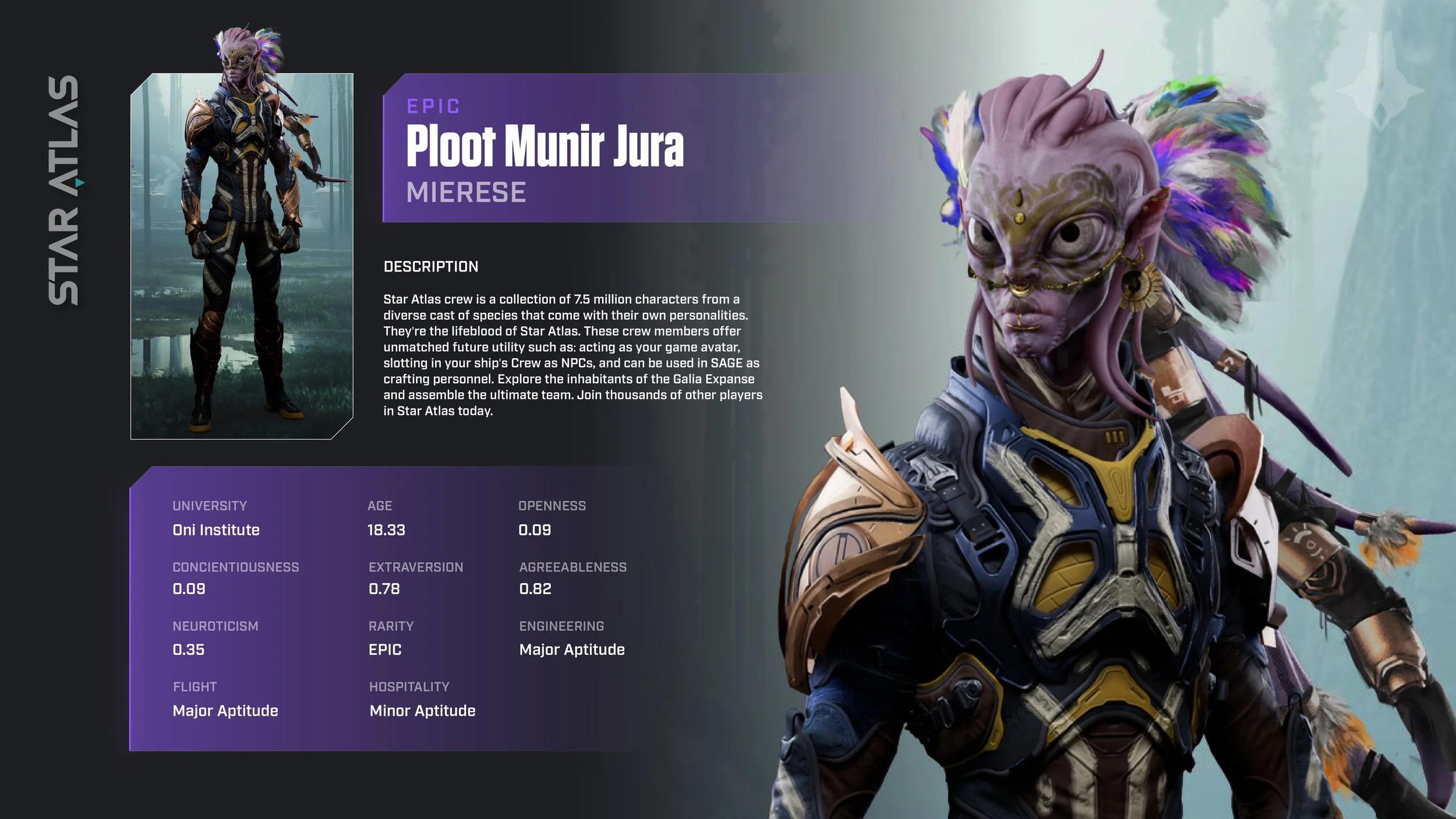 A character from the game Star Atlas with an alien appearance, purple skin, large eyes, and colorful feathers on its head, wearing futuristic armor in a sci-fi setting.