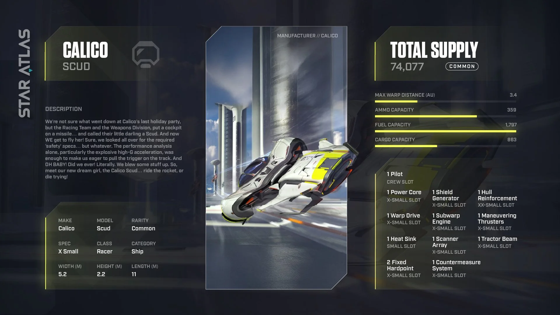 Video game interface showing a spaceship called Calico Scud, with specifications and stats, in a sci-fi cityscape environment.