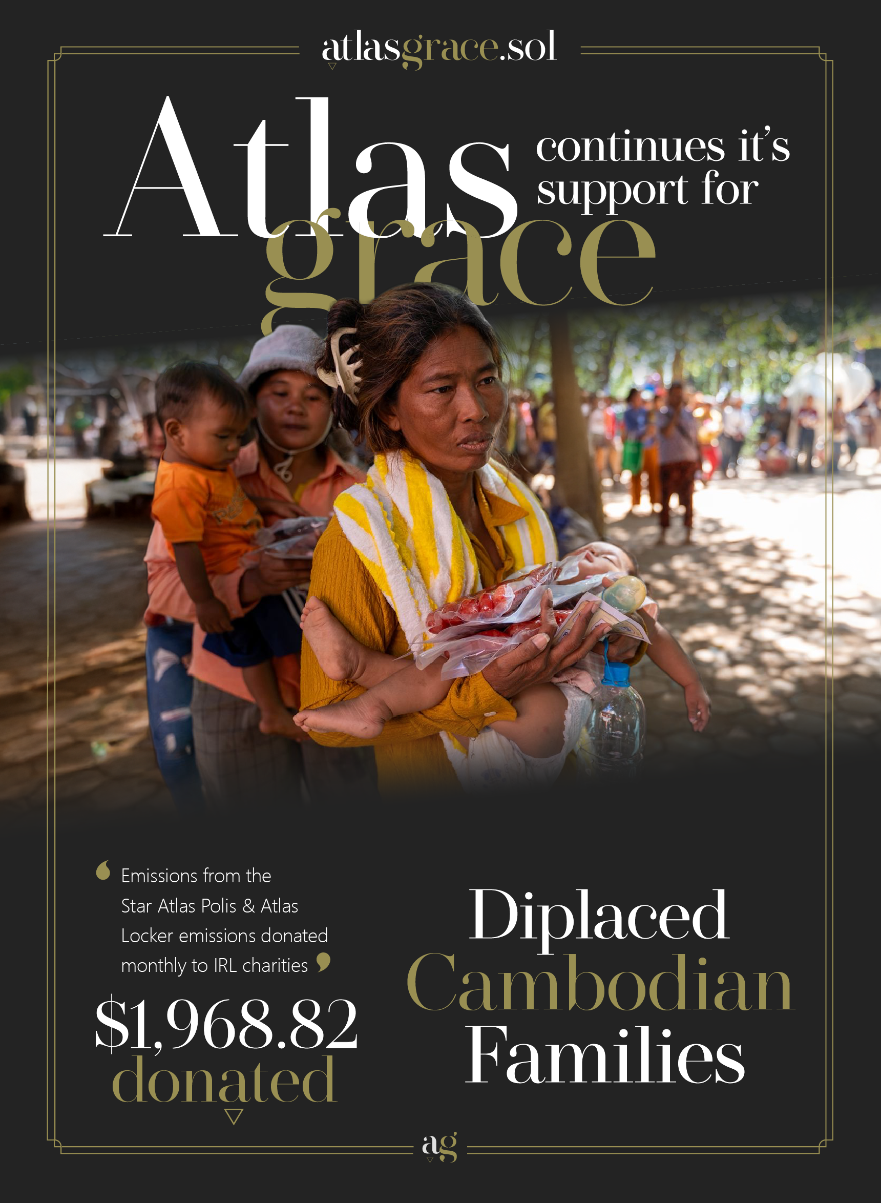 A woman carrying a child on her back holding supplies, standing in a marketplace with other people in the background. The image is part of an infographic about donations to Cambodian families displaced by conflict.