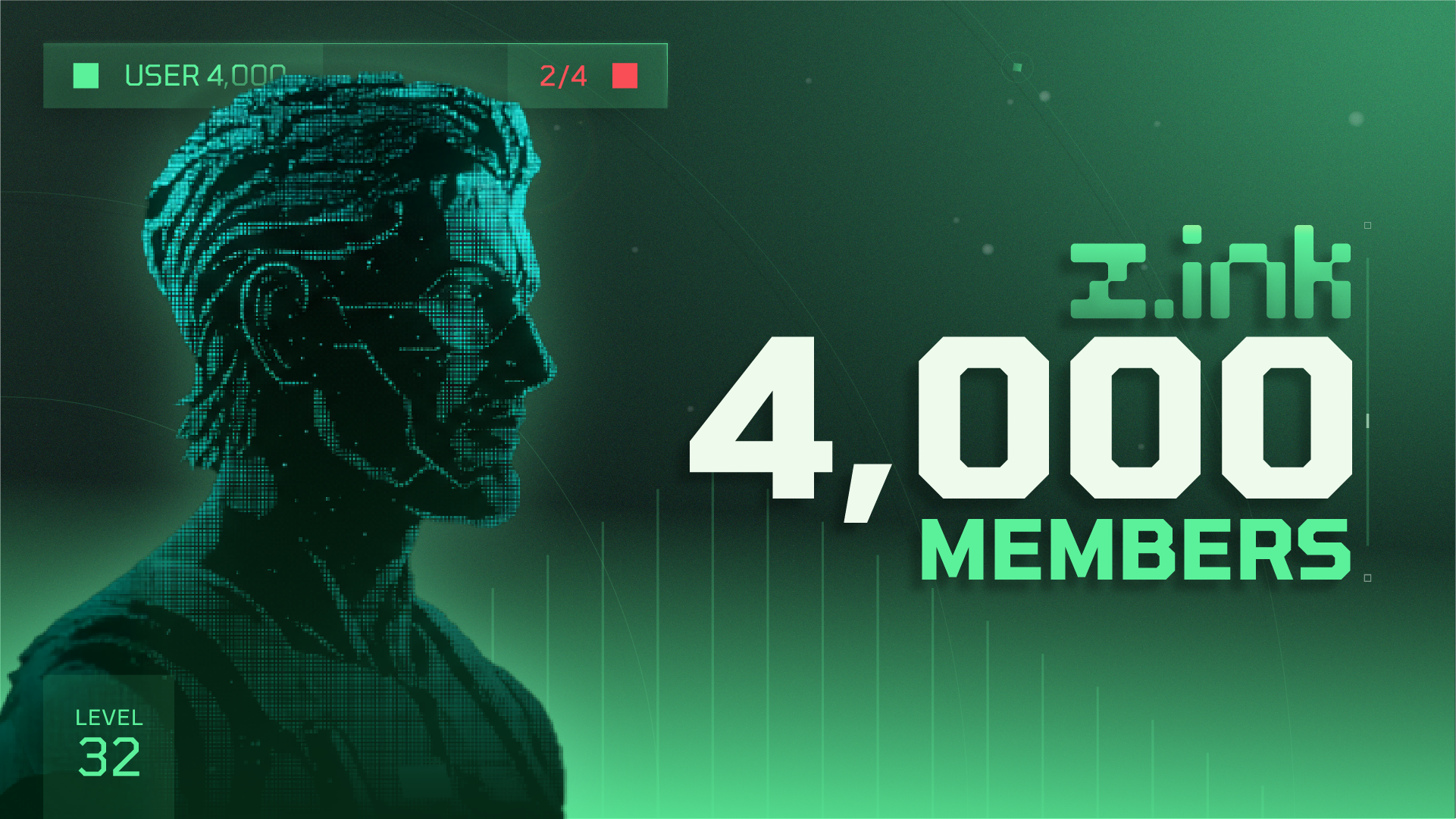 Digital illustration of a futuristic profile of a person with a digital grid pattern, displaying text indicating 4,000 members, 2 out of 4 points, and a level of 32 in a digital interface style with green and white color scheme.