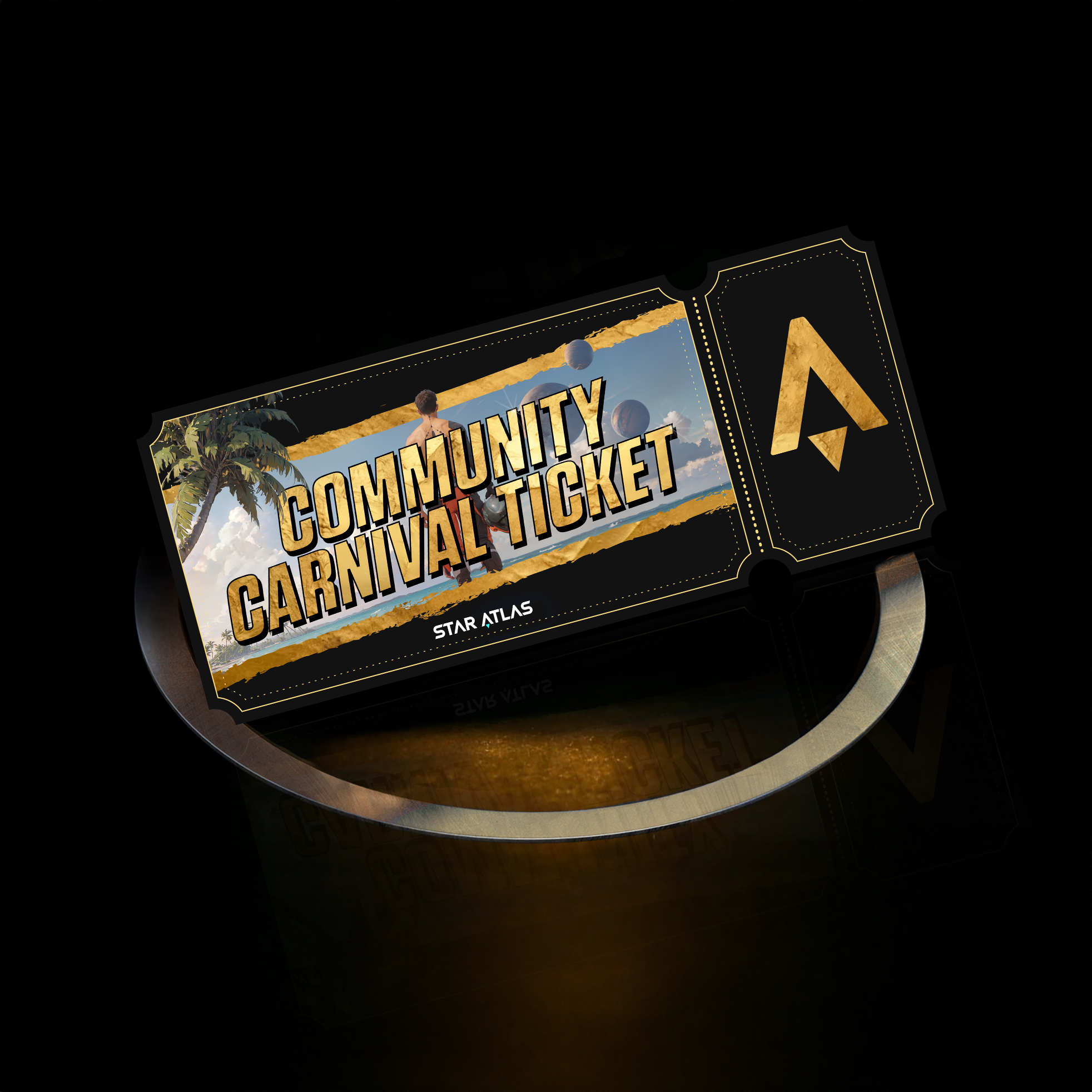 A digital ticket with the words 'Community Carnival Ticket' in bold letters, showing a person walking along a beach with palm trees and a sunset in the background, and an arrow symbol on the right side.