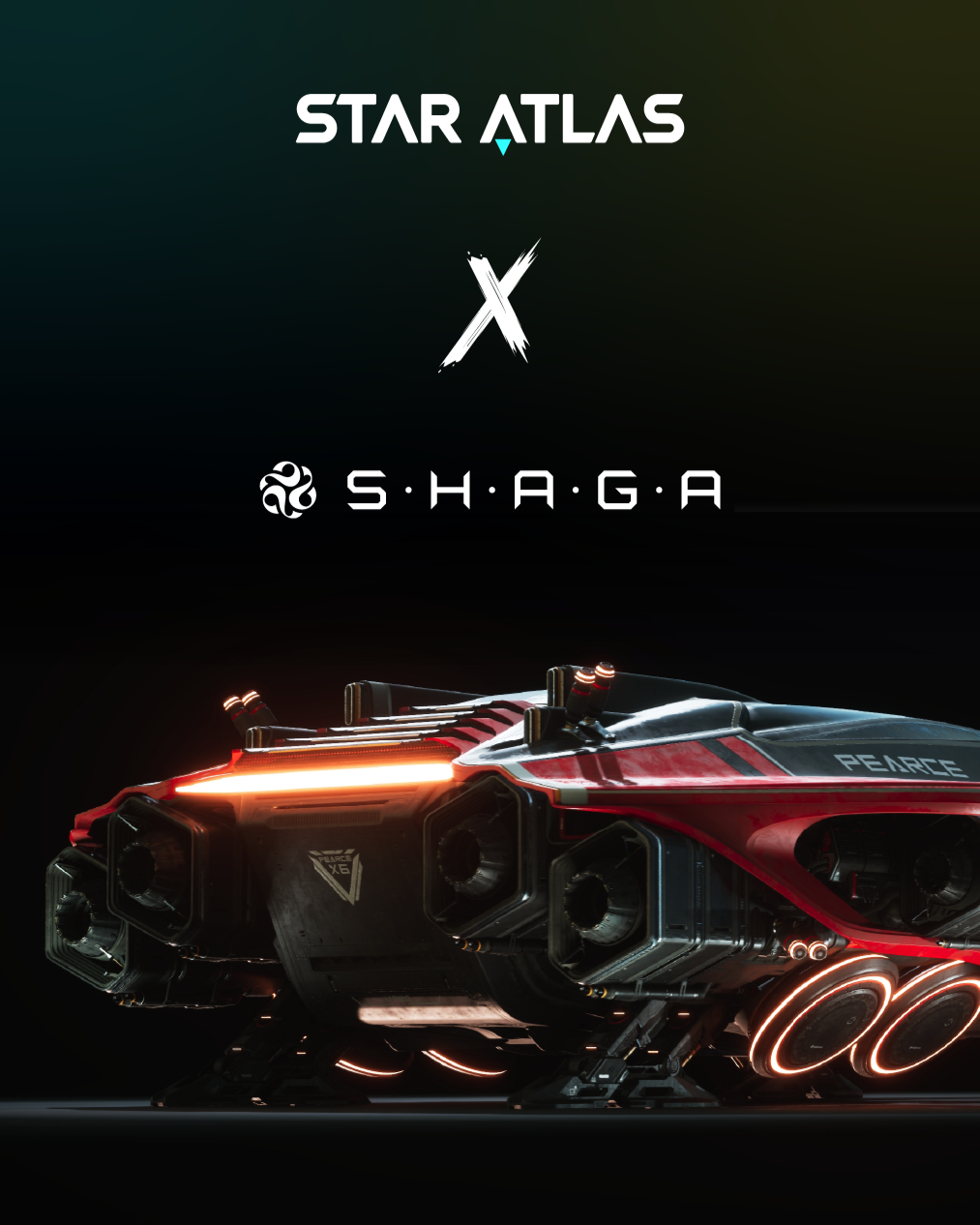 A futuristic spaceship with glowing red accents and hover capability, labeled Peace, positioned against a dark background. The image features the logos of Star Atlas, Shaga, and the text Peace.
