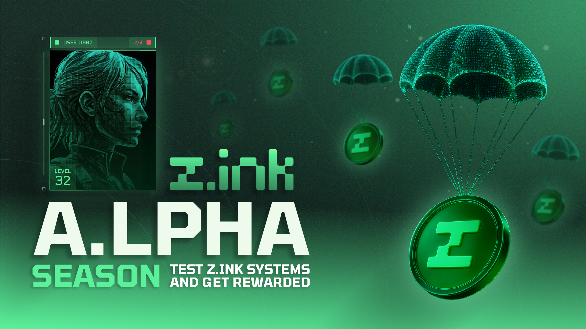 Digital graphic promoting A. LPHASEASON of the game Zink, showing a female character's profile, floating coins with Zink logo, and parachutes, with text inviting to test Zink systems and earn rewards.