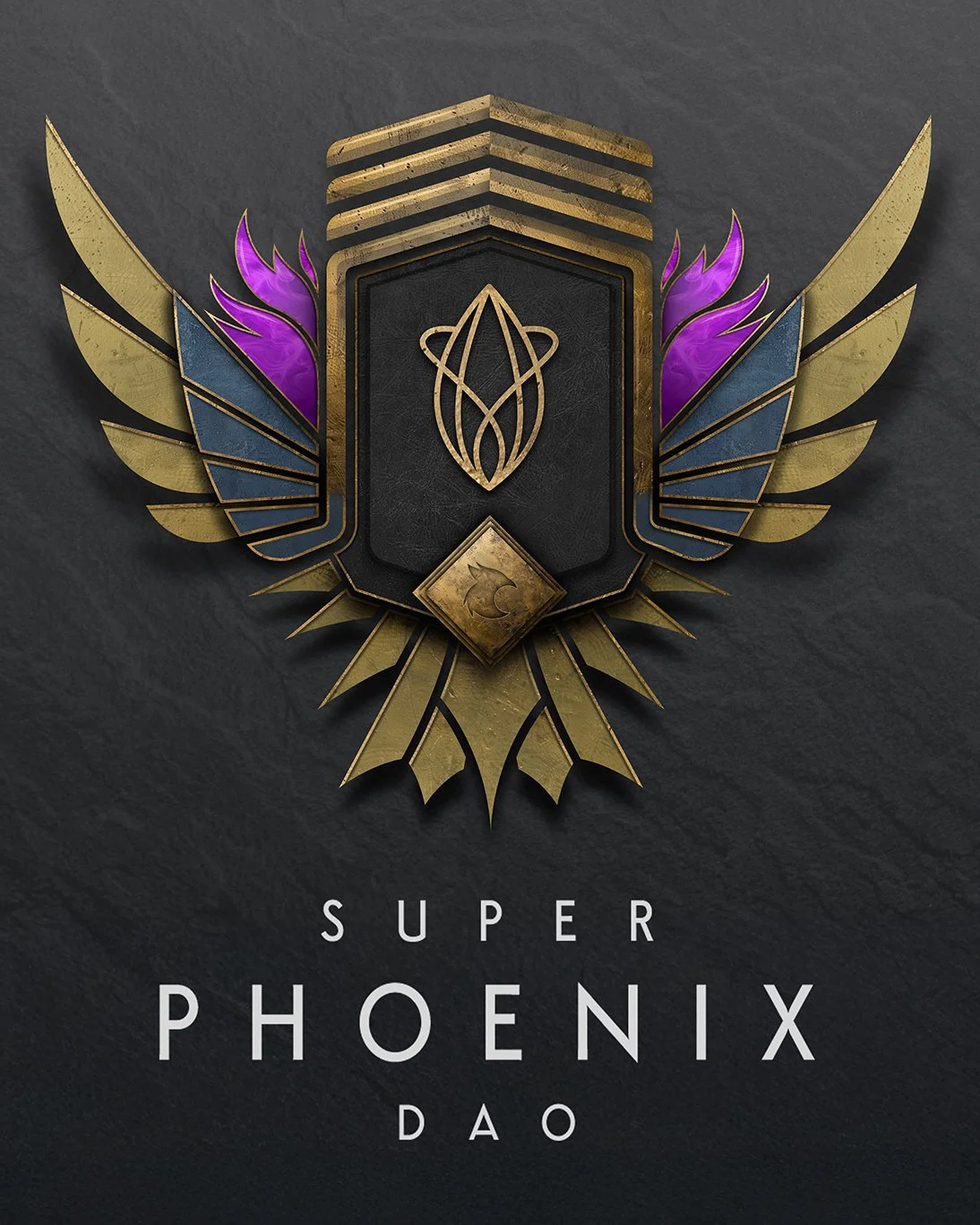A dark background with a gold and black emblem featuring a stylized phoenix with purple flames. Below the emblem, the text reads "SUPER PHOENIX DAO".