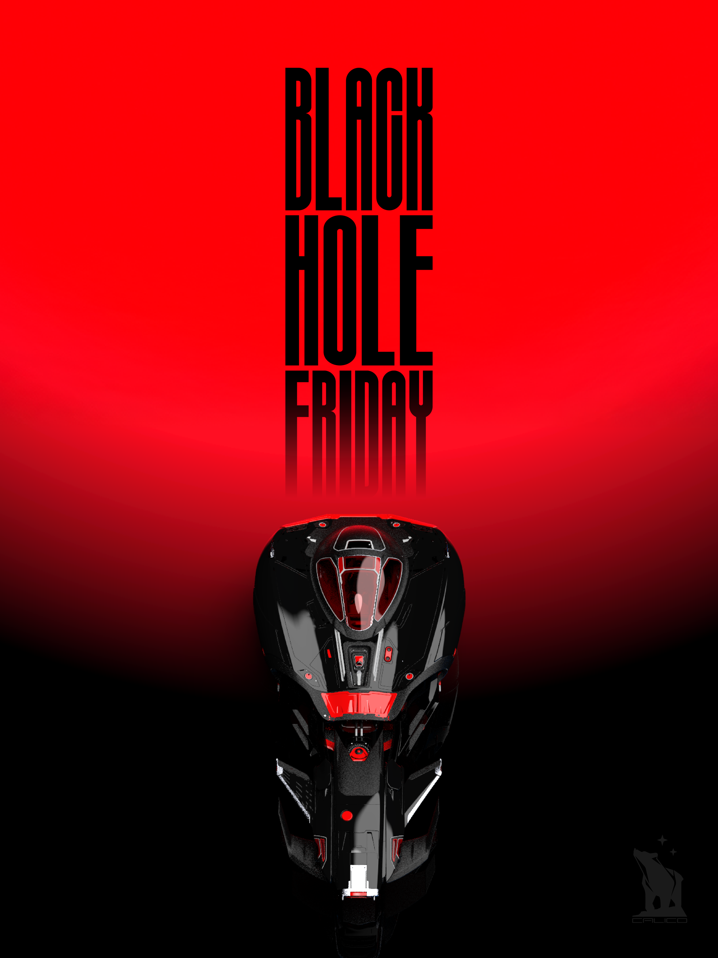 A racing helmet with black and red details is reflected on a shiny black surface, with red gradient background and stylized black text saying 'Black Hole Friday' at the top.