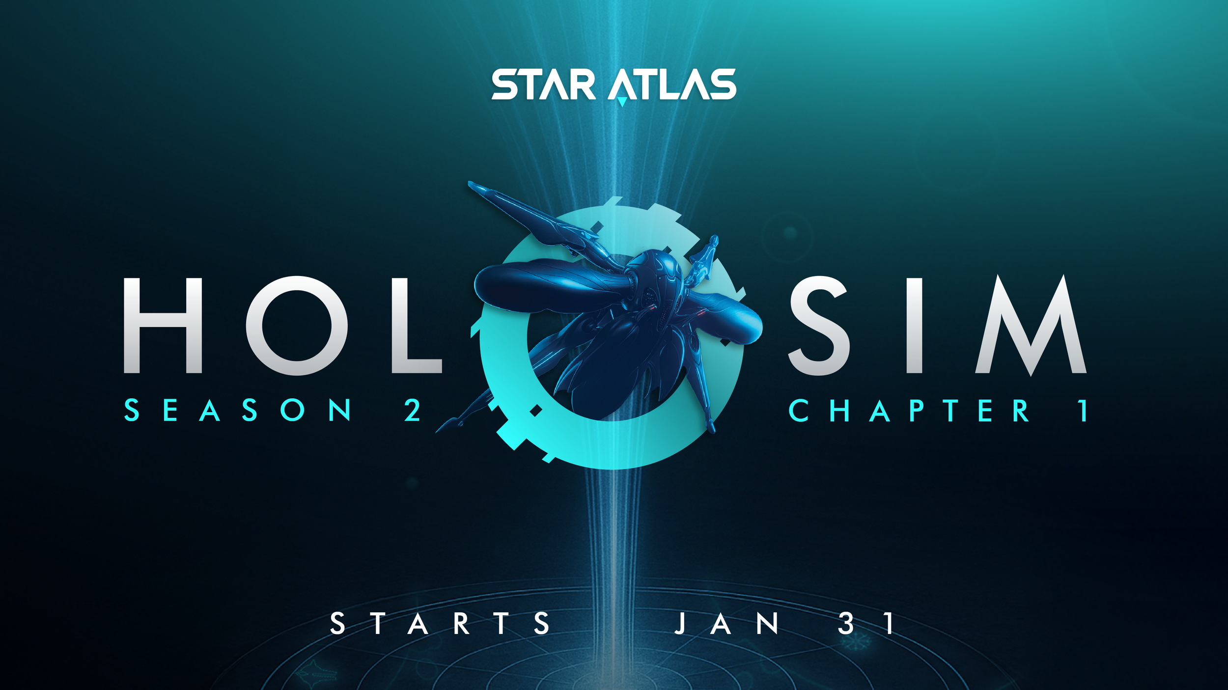 Digital artwork for the game 'Halo S?lm,' season 2, chapter 1, featuring a futuristic insect-like alien creature with a sleek, black, shiny body, wings, and multiple limbs, centered over a blue circular timeline and star map background, with release date 'Starts Jan 31' at the bottom.