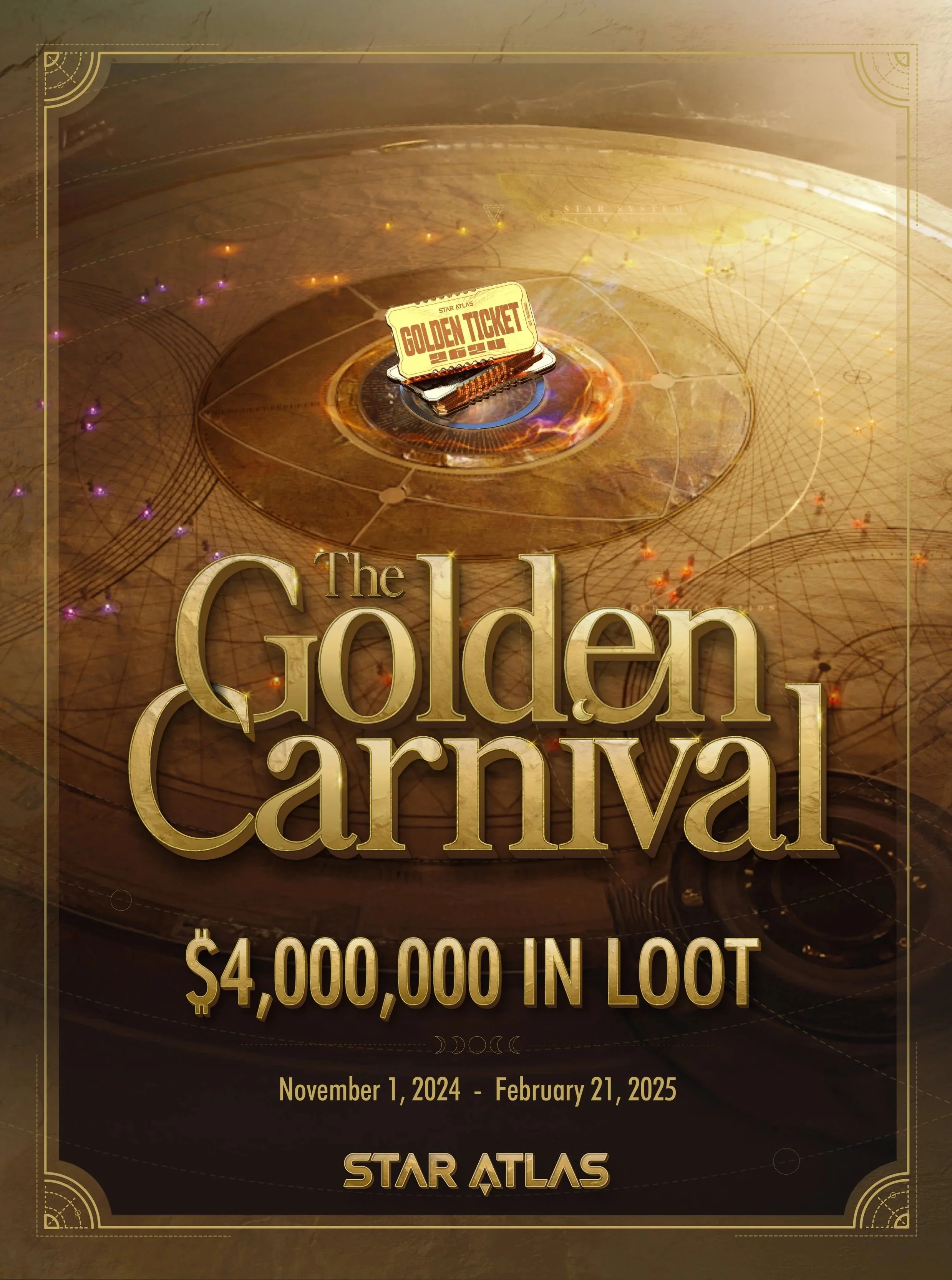 Promotional poster for 'The Golden Carnival' lottery event, featuring a golden ticket in the center, with the event details and date, and a background with a futuristic, golden geometric design.