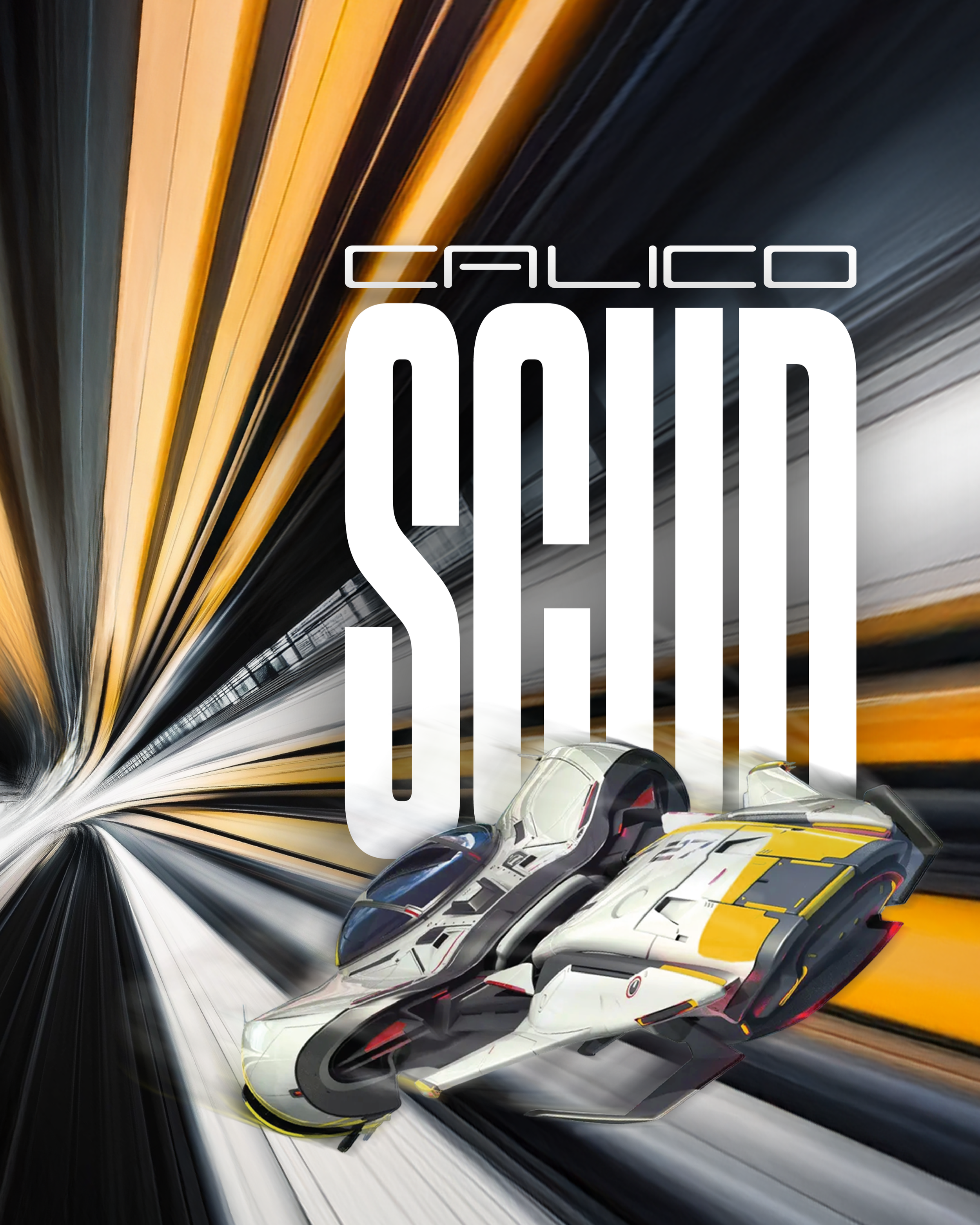 Futuristic race car in a high-speed tunnel with light trails, featuring bold overlay text that reads 'Calico Shock'.