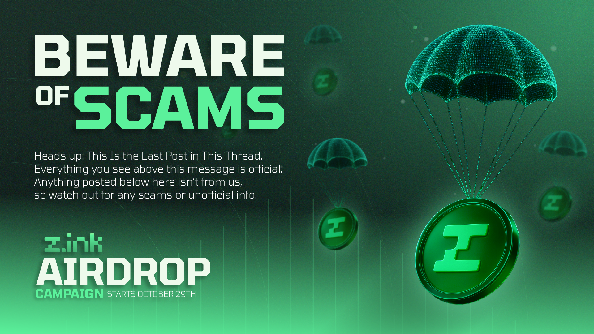 Digital graphic warning about scams, featuring floating coins with a logo, parachutes, and a green gradient background.