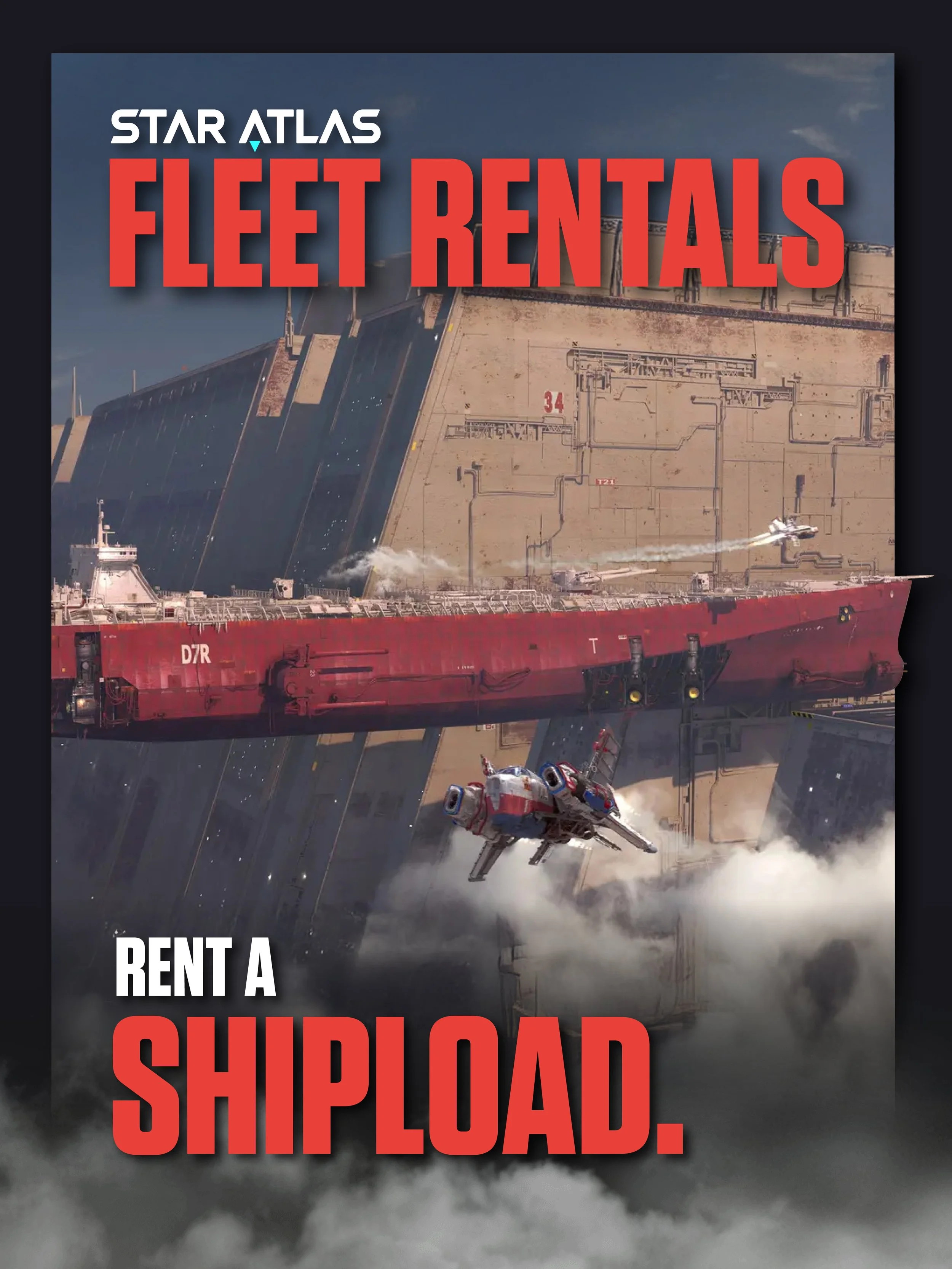 Movie poster for 'Star Atlas Fleet Rentals' depicting a large spaceship with a smaller spaceship flying near it, set against a backdrop of a space station and cloudy sky, with bold red and white text.