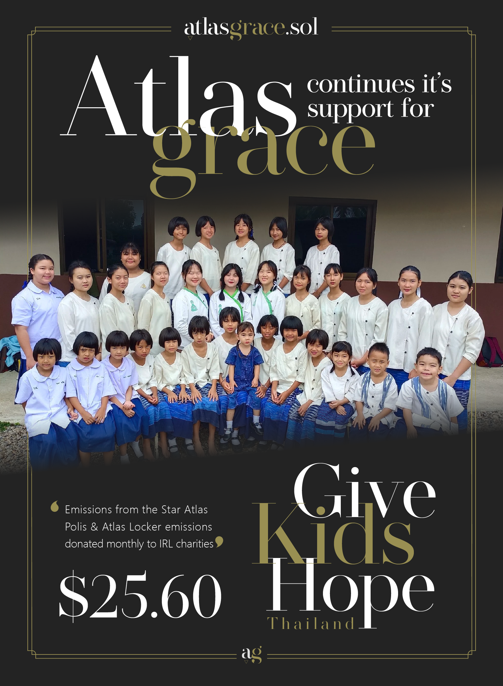 A group of boys and girls in school uniforms posing outside a building with a dark overlay and text promoting charity support for kids in Thailand.