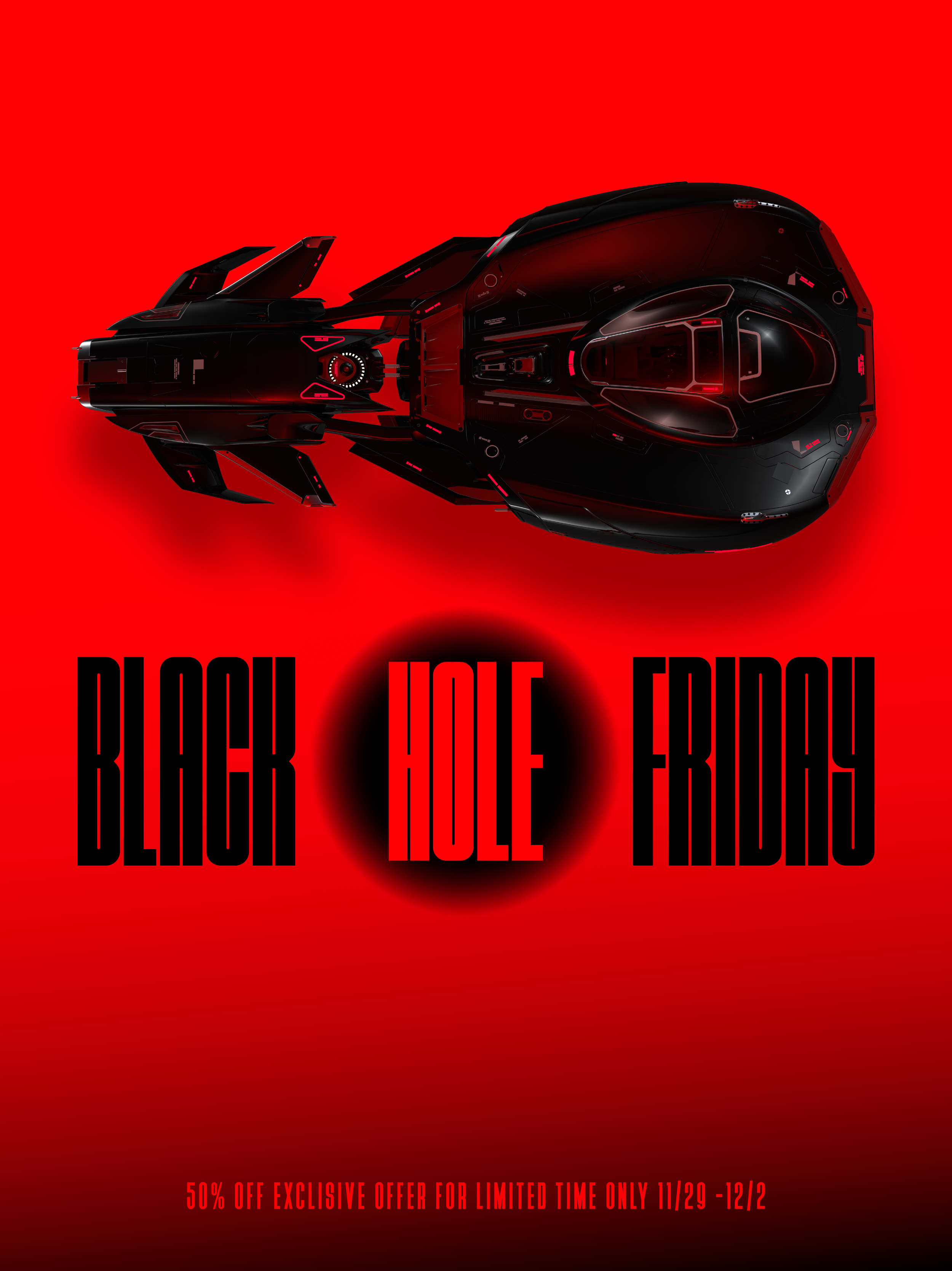 A sleek black sports car with red lighting accents on a red background, with the words "Black Hole Friday" and a promotional offer for a 50% discount from November 29 to December 2.