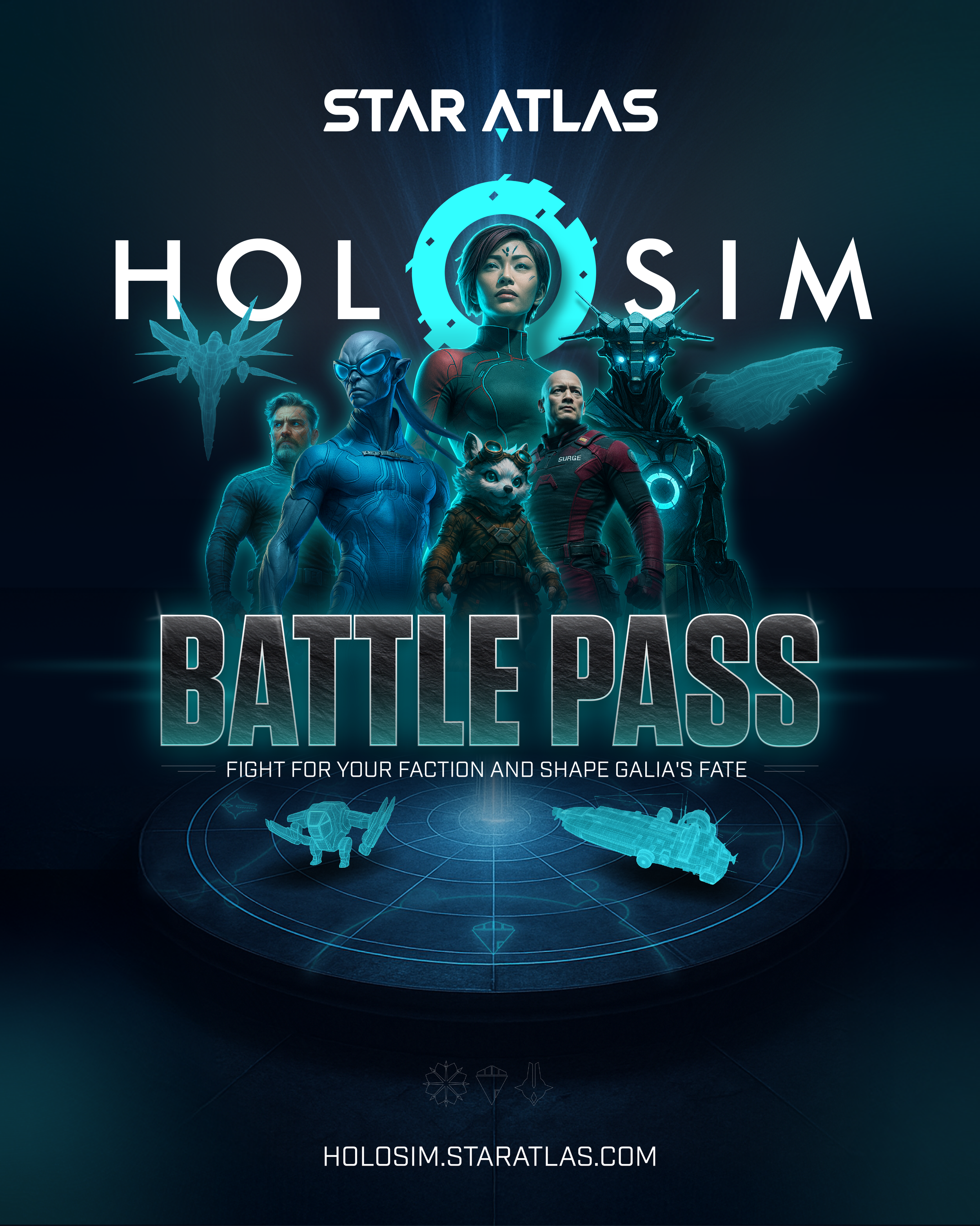 Official poster for the game 'Star Atlas Holosim' featuring digital art of diverse characters, spacecraft, and a holographic map representing the game environment, with the tagline 'Fight for your faction and shape Galia's fate' and the website holosim.staratlas.com.