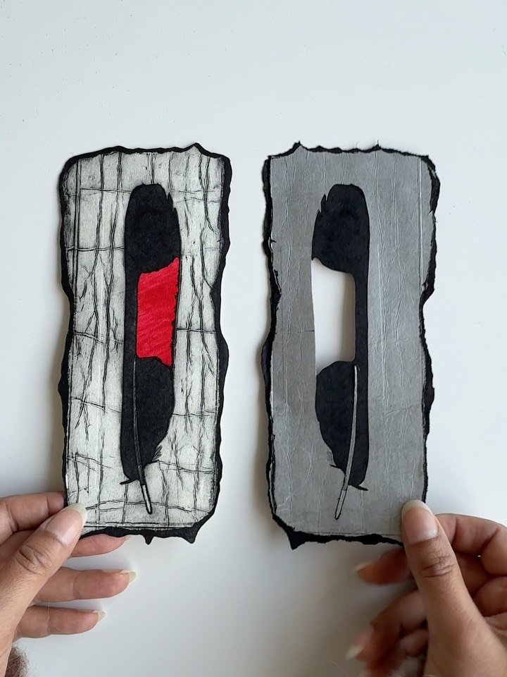 The original TetraPak plate and the print it became. For this red-tailed black cockatoo feather, I cut the finished print back to the shape of the plate, so there&rsquo;s no neat rectangle of white paper around it. I like letting the torn, irregular 