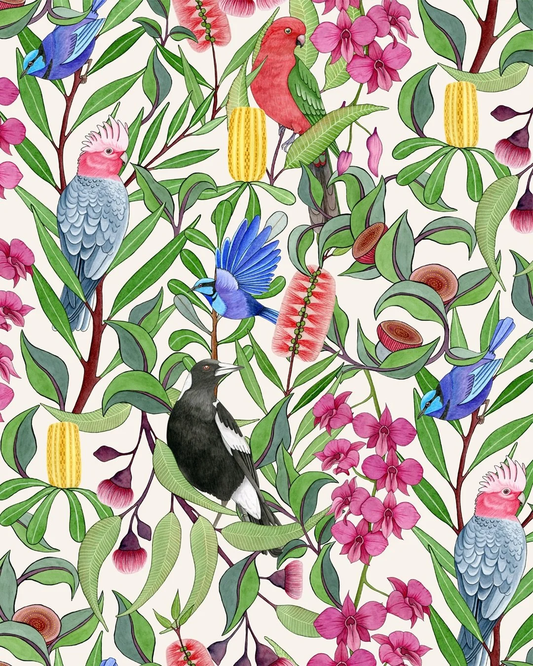 This pattern, called Native Tango, has always been one of my favourites. I think of it as a little dance of bird calls; the kind of noisy chaos you get when Australian birds are all doing their thing at once! Available in the shop as an A4, A3 or A2 