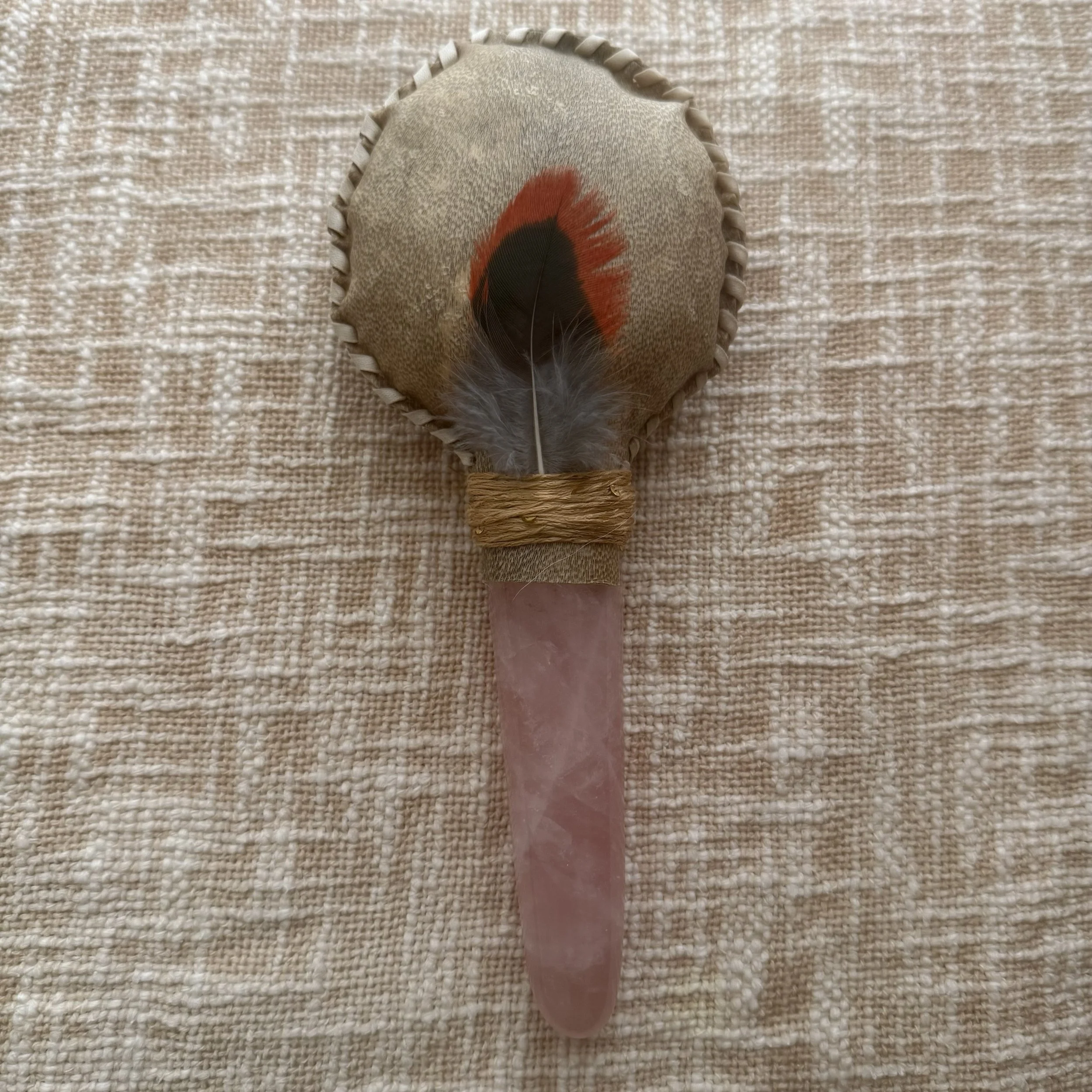 Shamanic Rattle- King Parrot, Rose quartz
