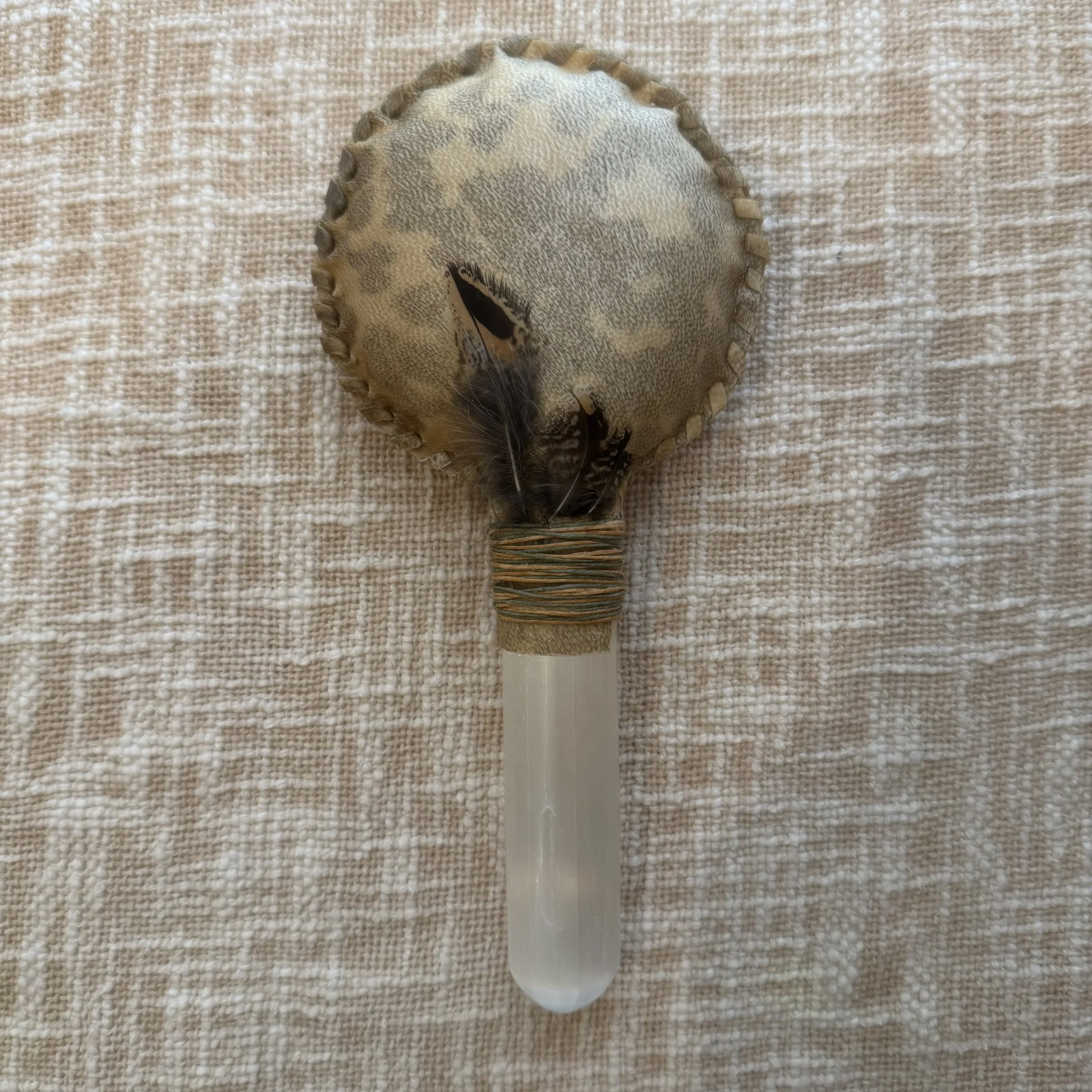 Shamanic Rattle-  Selenite and Spotted nightjar