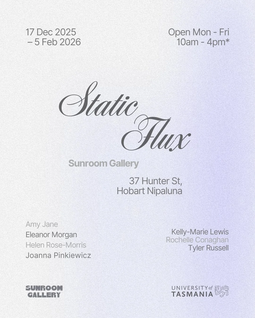 excited to share 𝓢𝓽𝓪𝓽𝓲𝓬 𝓕𝓵𝓾𝔁 &mdash; opening this month in Nipaluna/Hobart! ⋆˙⟡ ⋆｡˚ 

I&rsquo;ll be showing my honours work &lsquo;inside out&rsquo; along side some artefacts of my process. It&rsquo;s not often that artists get to share ins